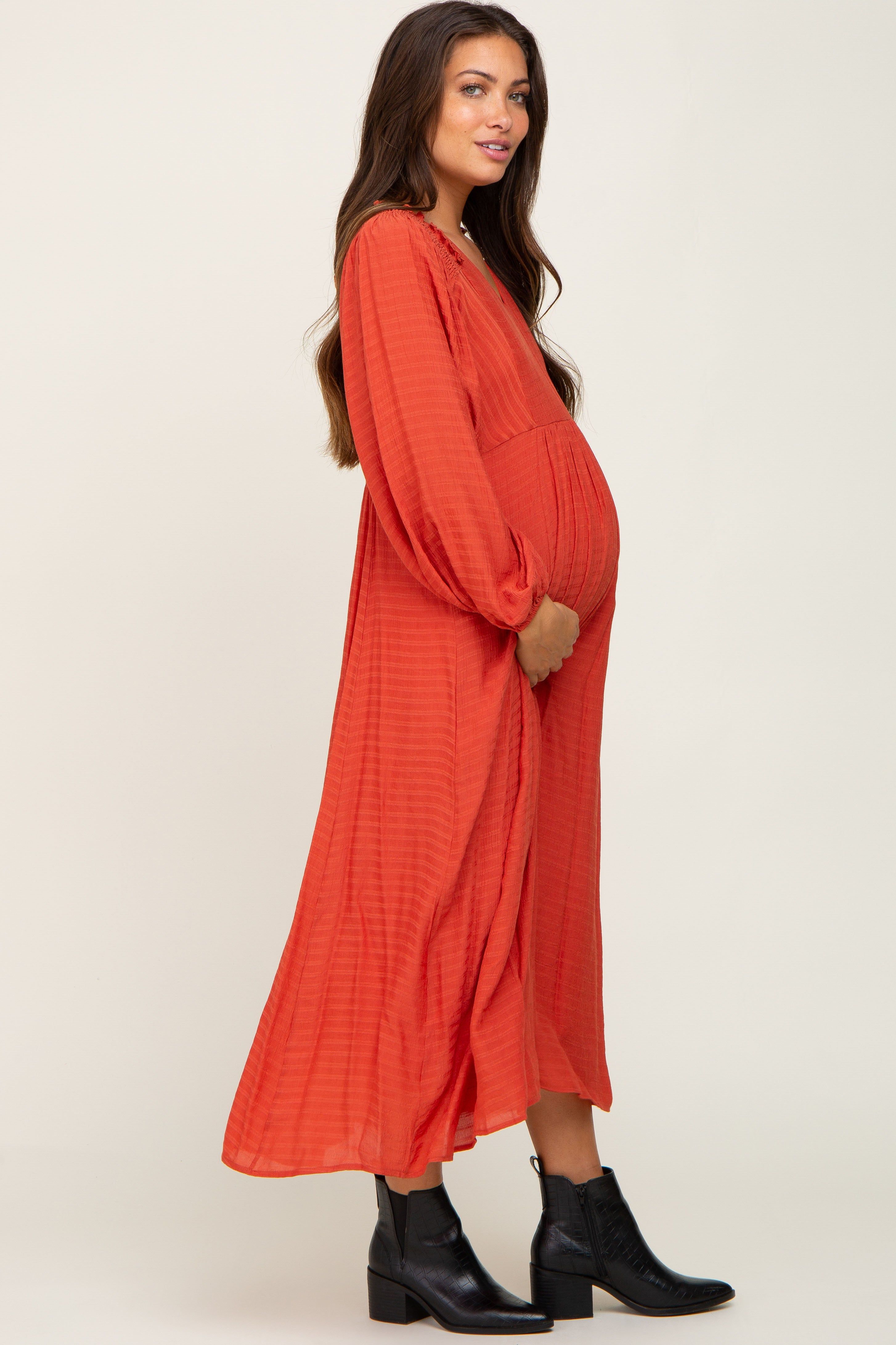 Rust V-Neck Smocked Accent Maternity Maxi Dress sold by Pinkblush product image thumbnail 2