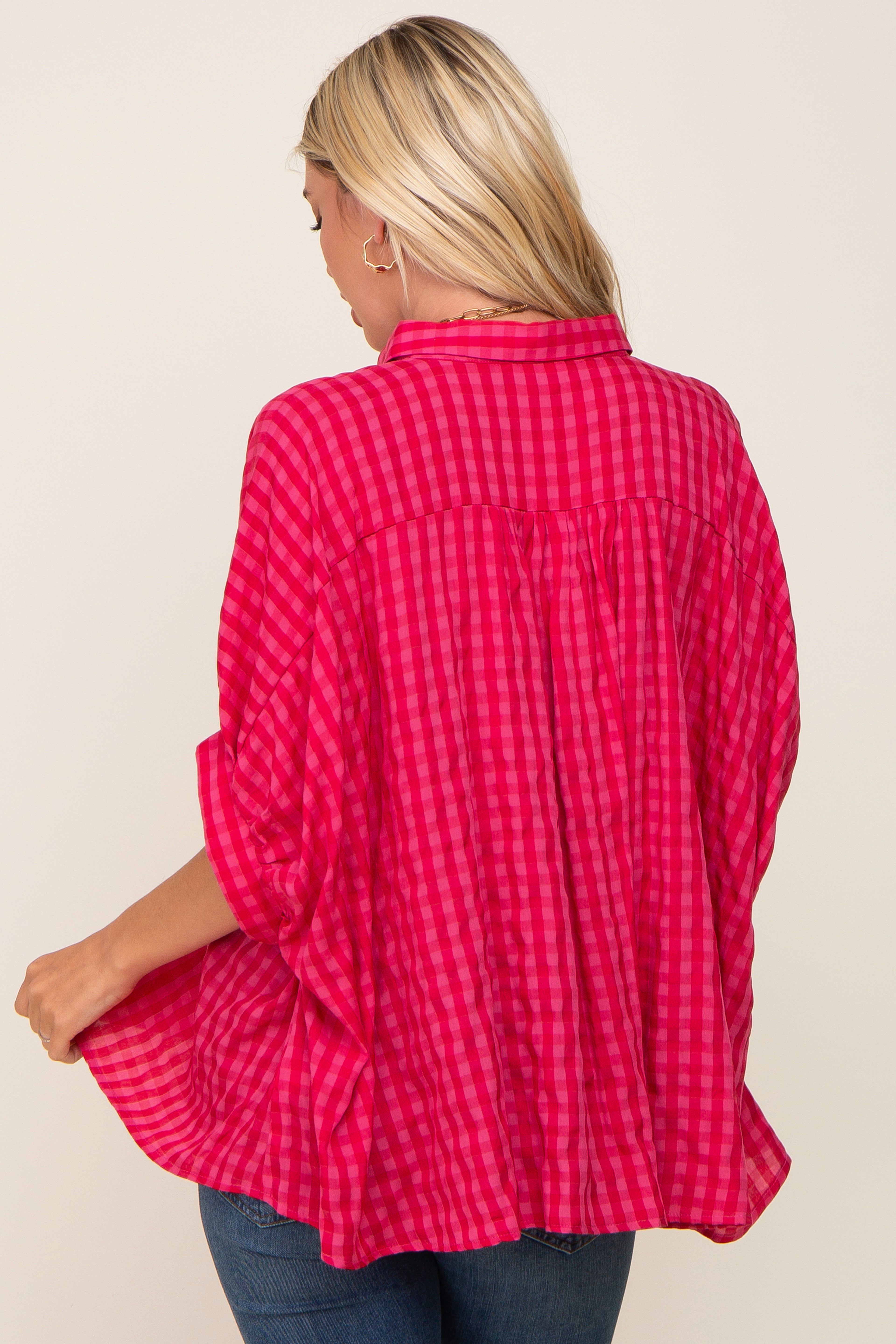 Red Gingham Button Up Collared Boxy Top sold by Pinkblush product image thumbnail 3