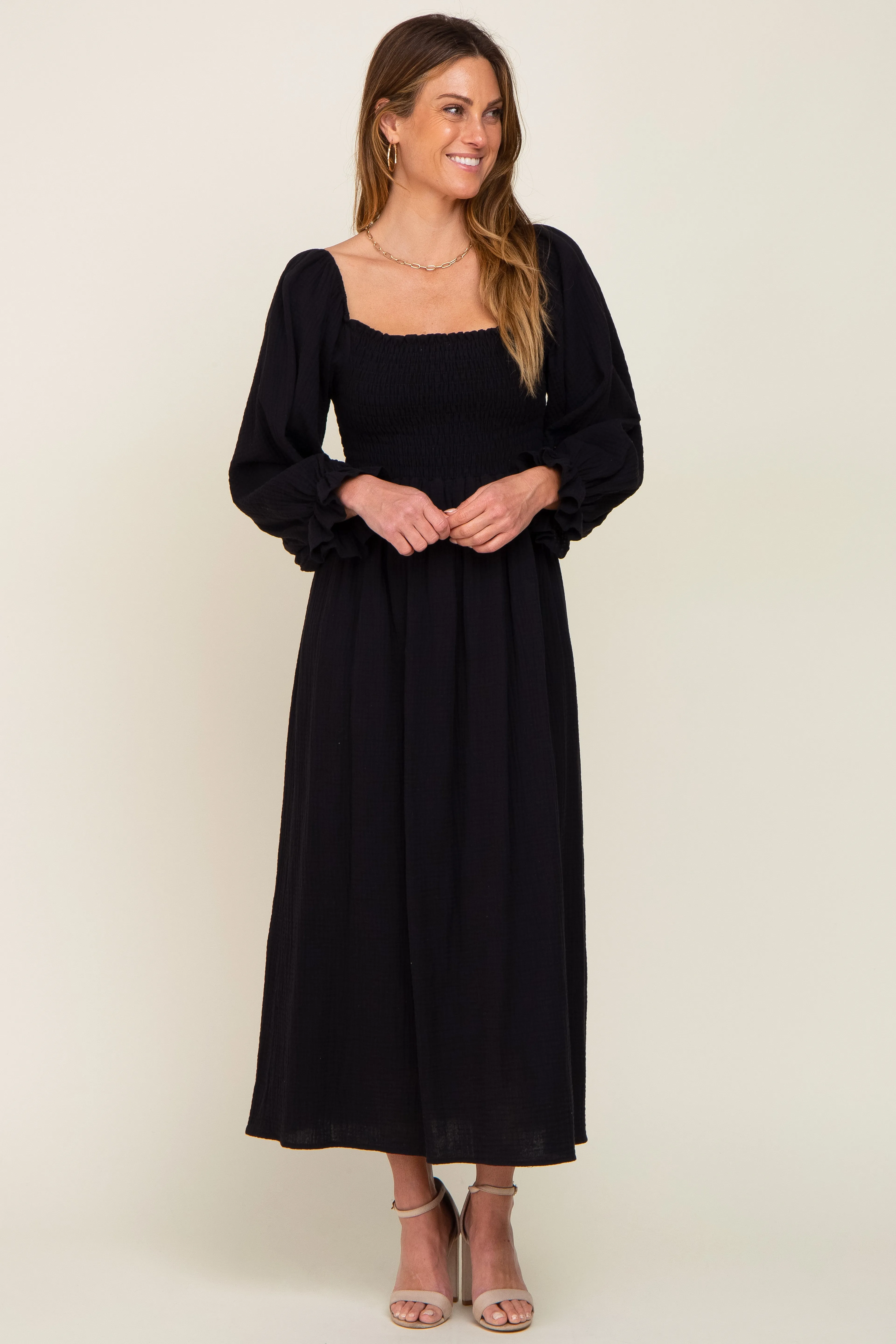 Black Gauze Smocked Maternity Midi Dress sold by Pinkblush product image thumbnail 5