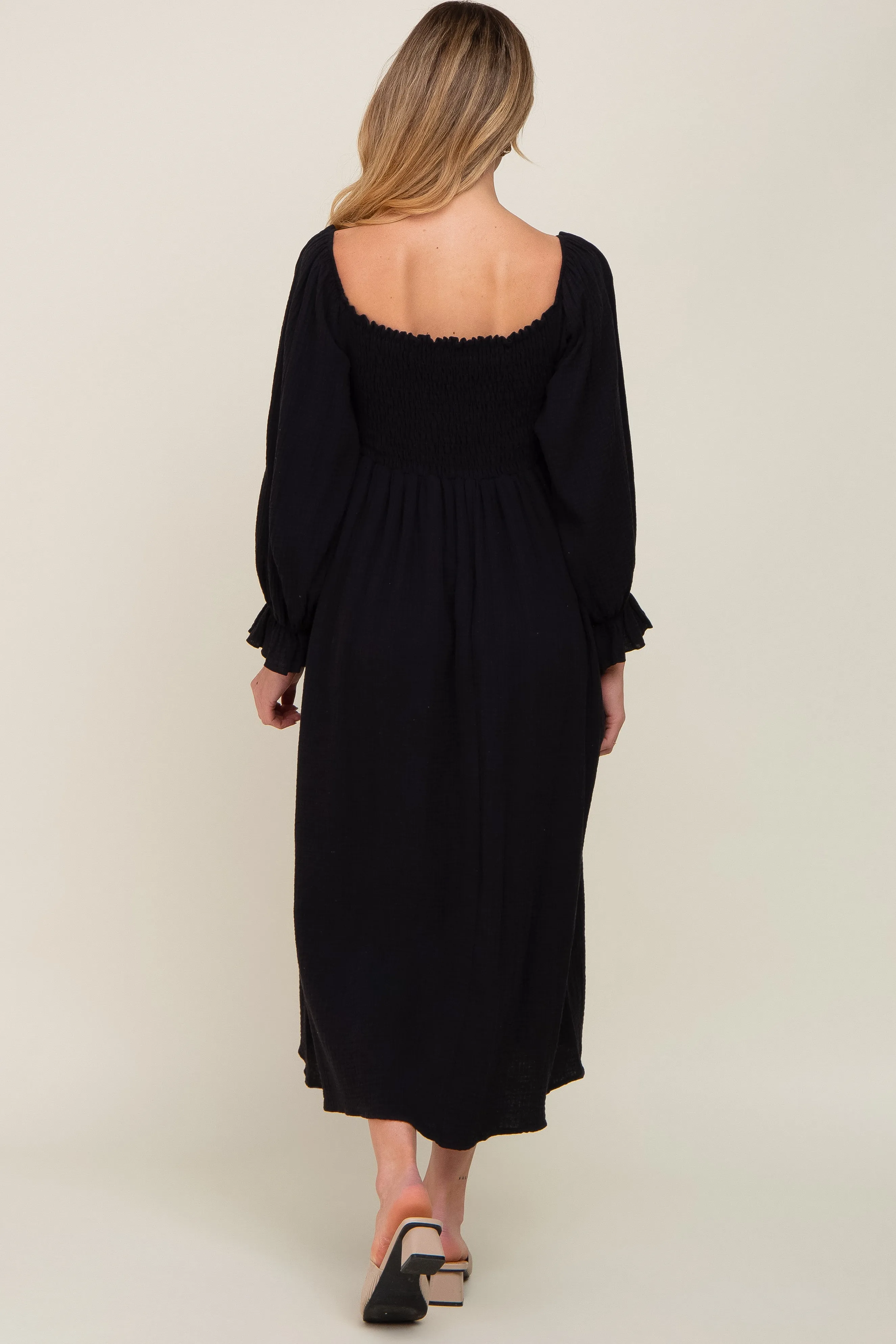 Black Gauze Smocked Maternity Midi Dress sold by Pinkblush product image thumbnail 3