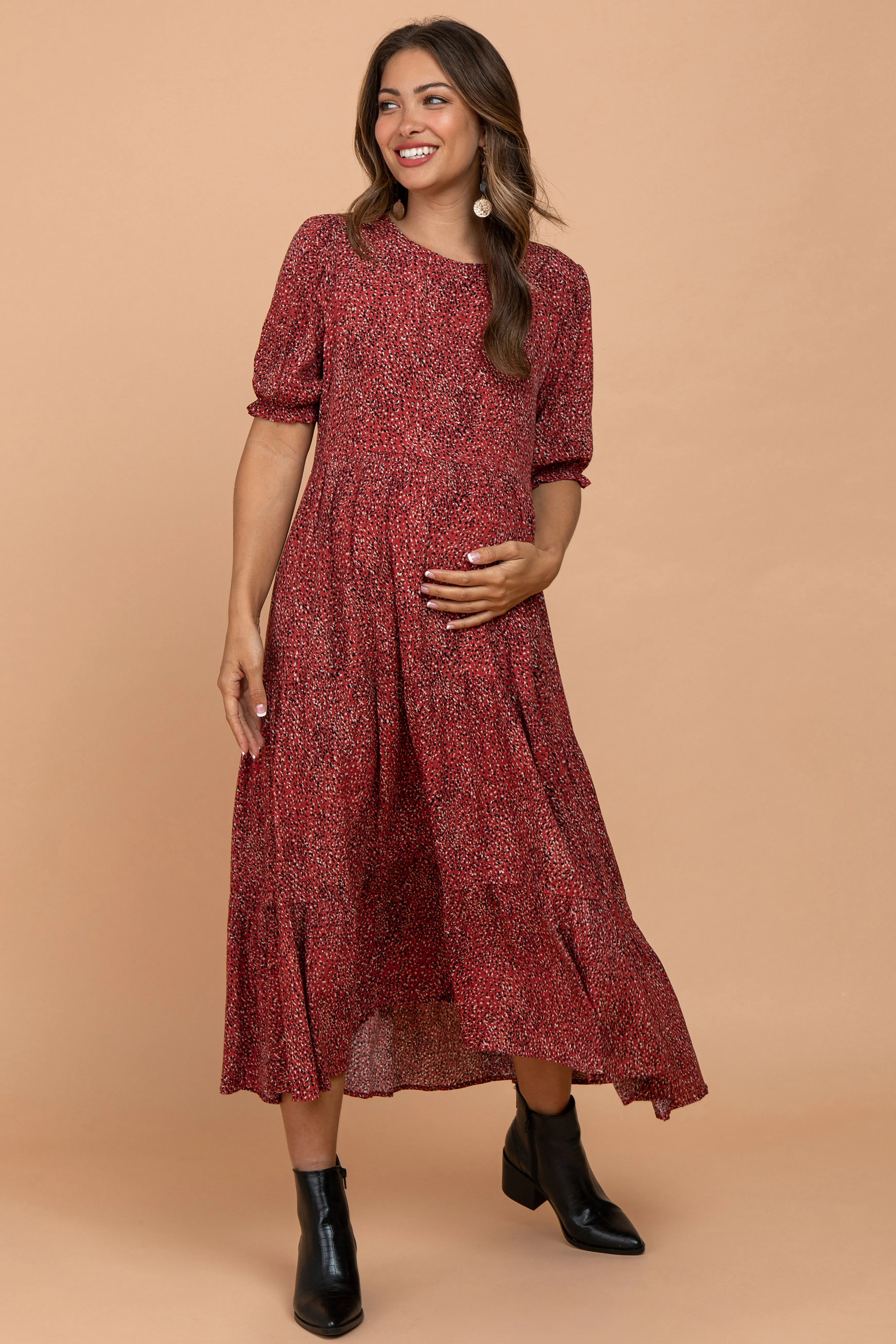 Rust Printed Tiered Maternity Midi Dress sold by Pinkblush product image thumbnail 5