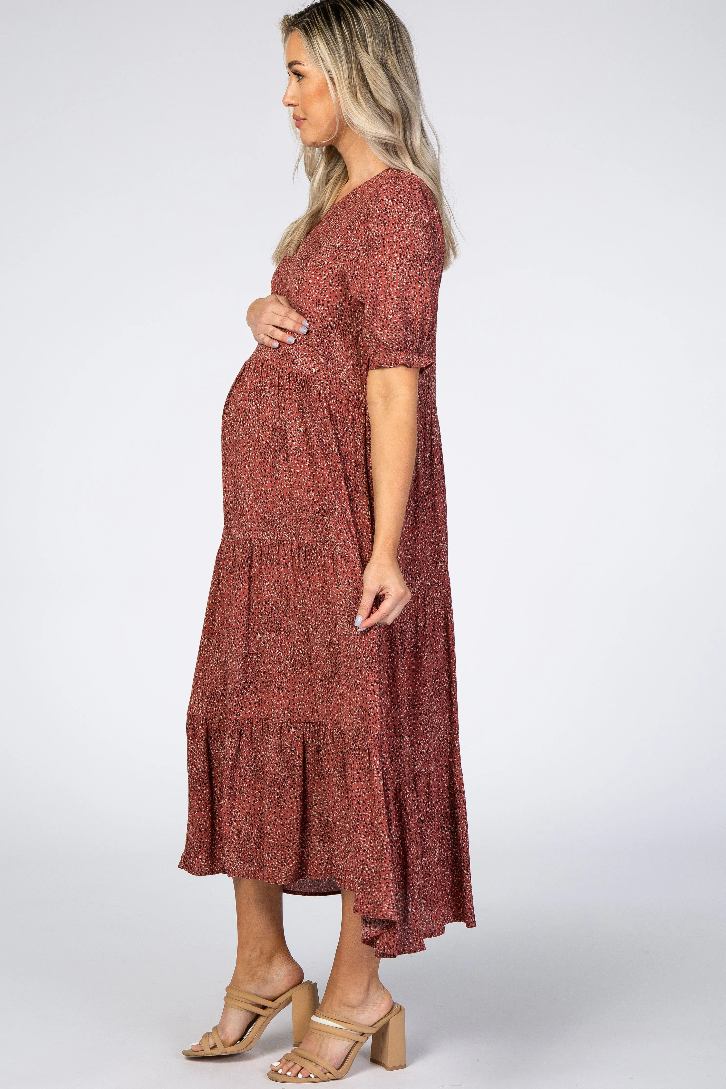Rust Printed Tiered Maternity Midi Dress sold by Pinkblush product image thumbnail 2