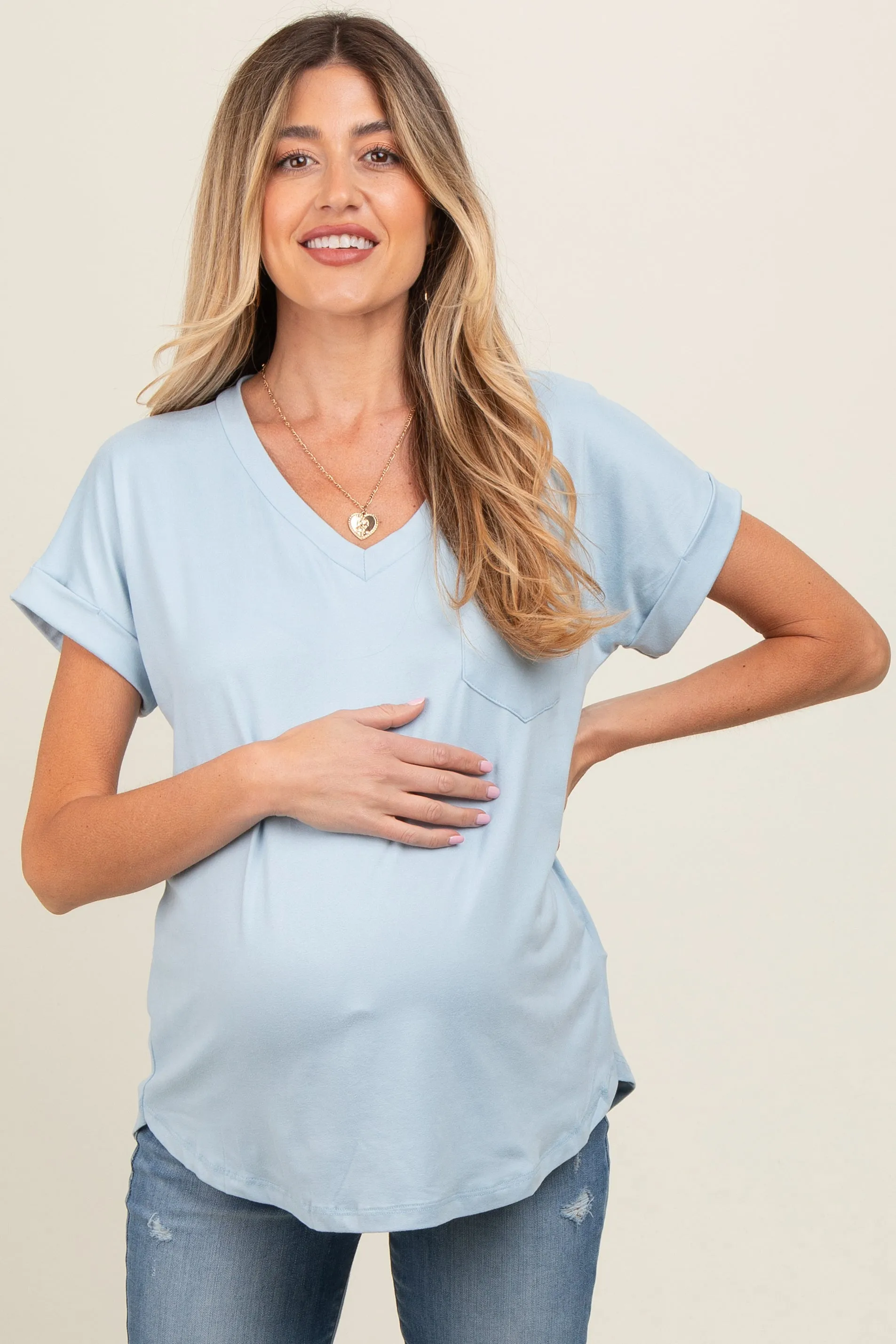 Light Blue V-Neck Pocket Short Sleeve Maternity Shirt sold by Pinkblush product image thumbnail 2