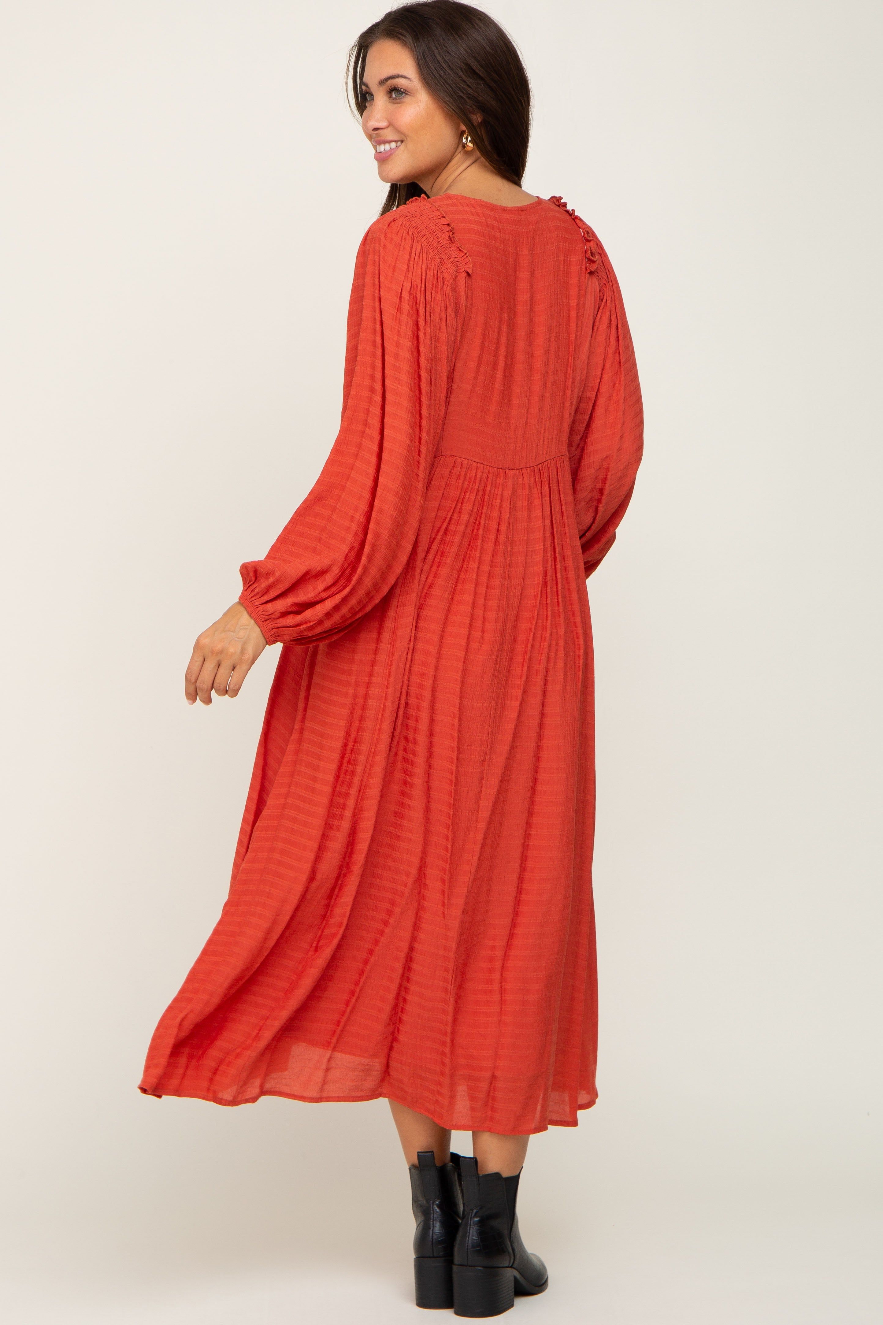 Rust V-Neck Smocked Accent Maternity Maxi Dress sold by Pinkblush product image thumbnail 3