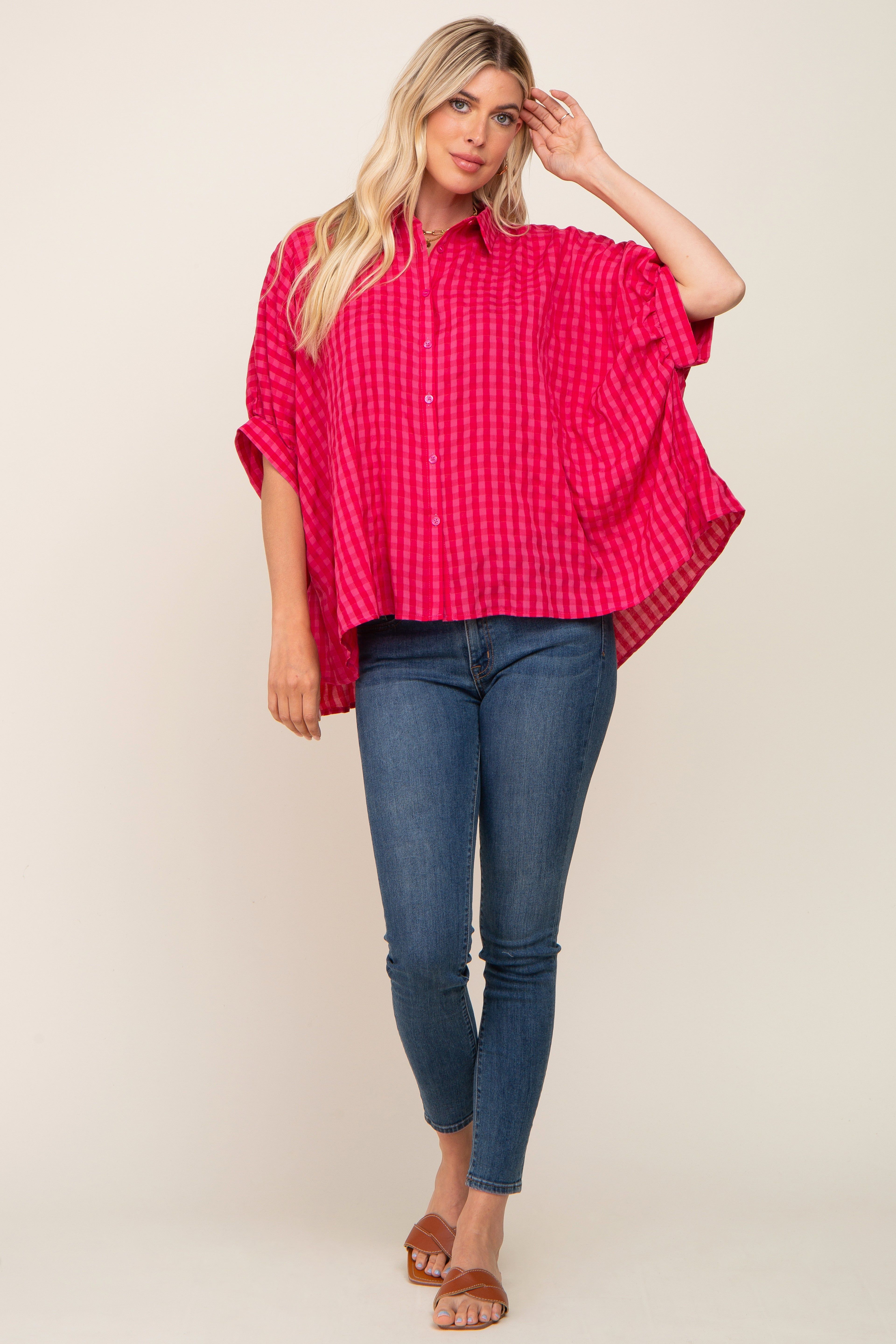 Red Gingham Button Up Collared Boxy Top sold by Pinkblush product image thumbnail 4