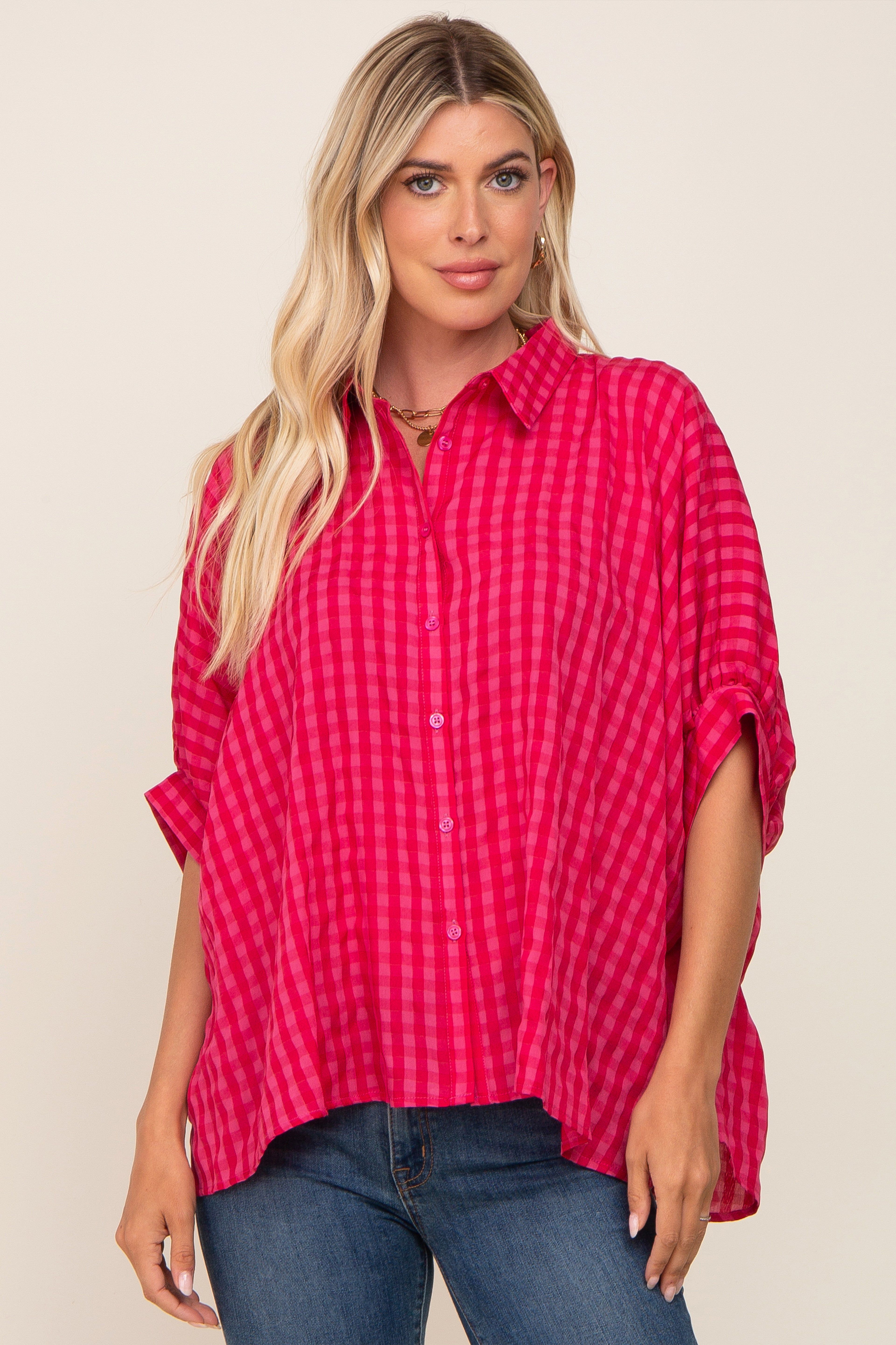 Red Gingham Button Up Collared Boxy Top sold by Pinkblush