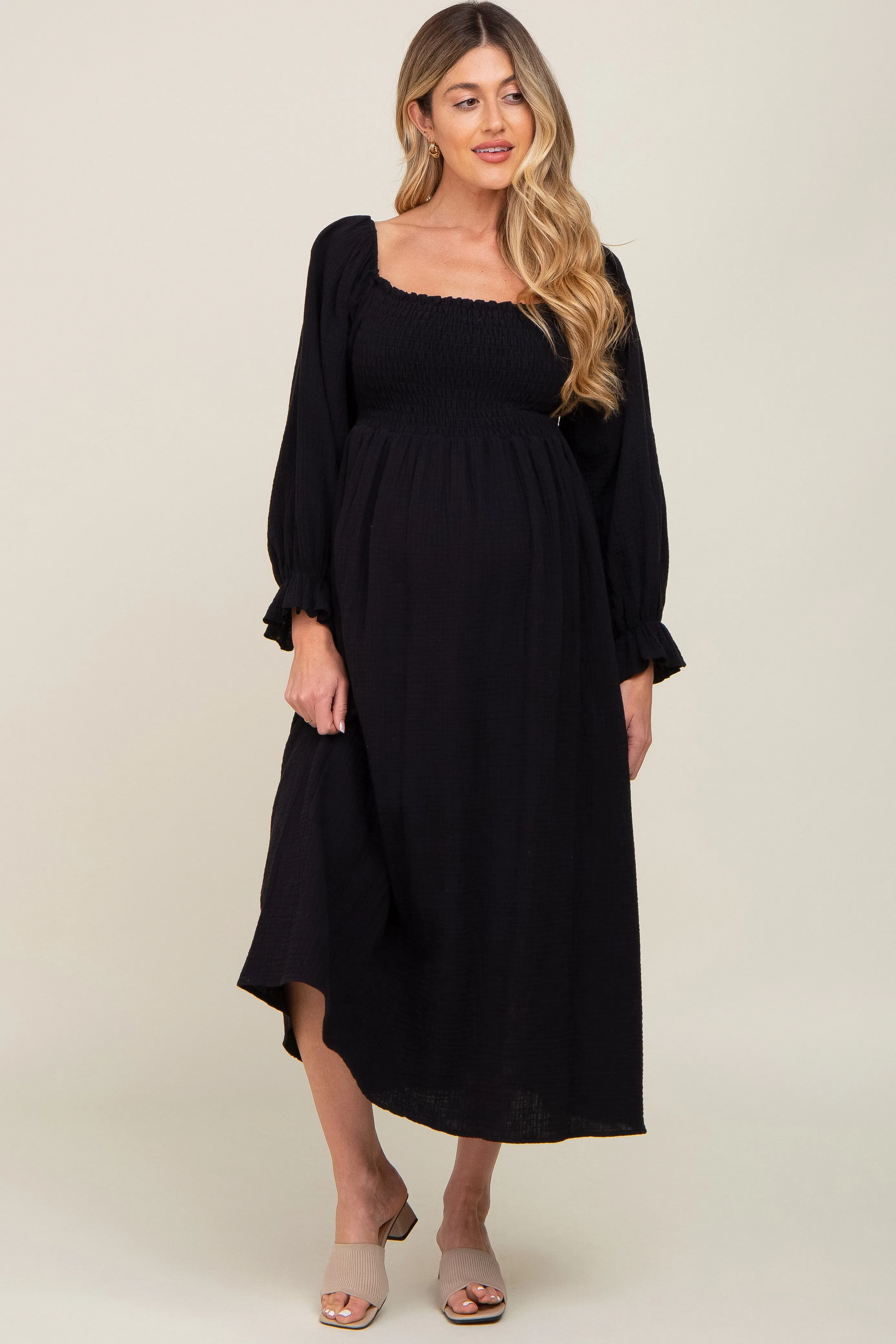 Black Gauze Smocked Maternity Midi Dress sold by Pinkblush