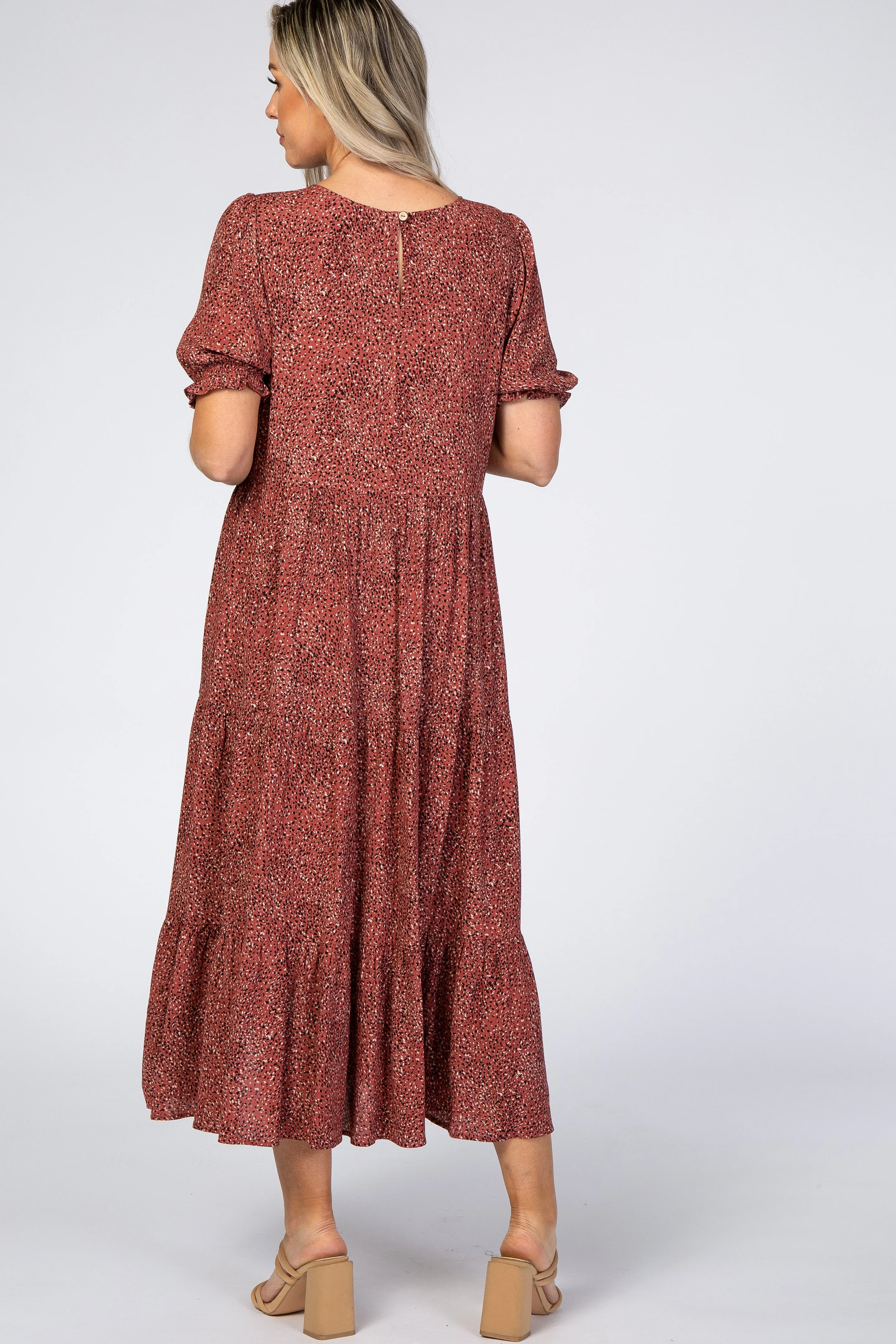 Rust Printed Tiered Maternity Midi Dress sold by Pinkblush product image thumbnail 3