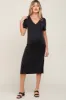 Black V-Neck Short Sleeve Side Slit Maternity Midi Dress sold by Pinkblush