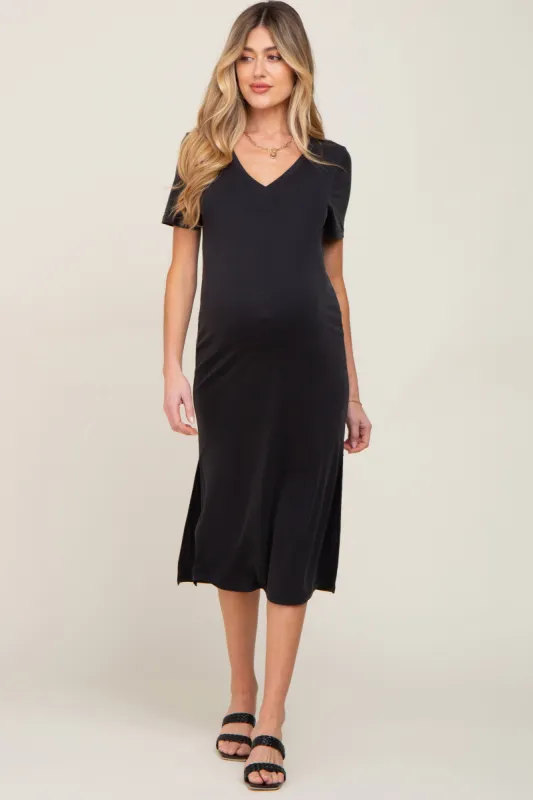 Black V-Neck Short Sleeve Side Slit Maternity Midi Dress sold by Pinkblush