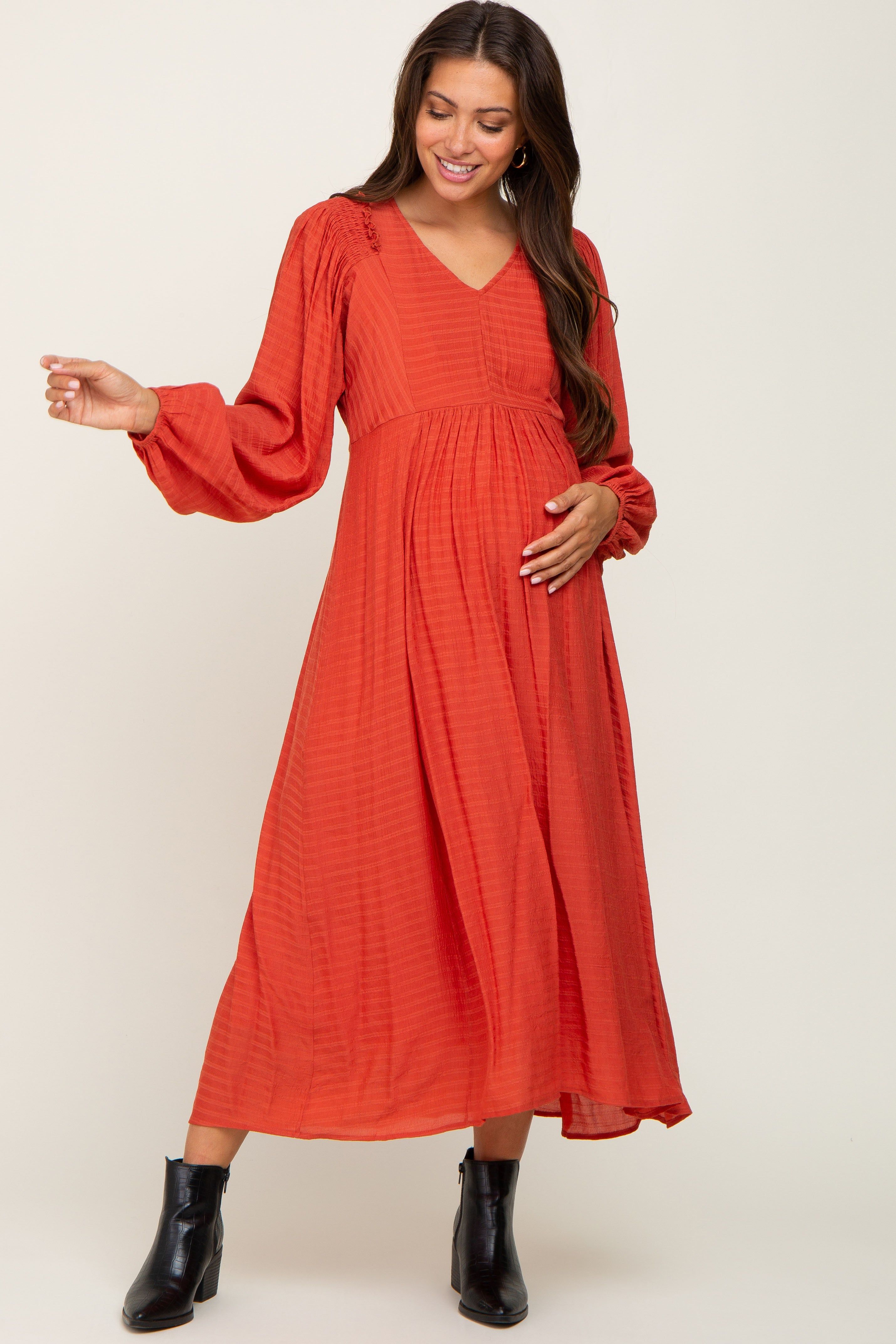 Rust V-Neck Smocked Accent Maternity Maxi Dress sold by Pinkblush product image thumbnail 4