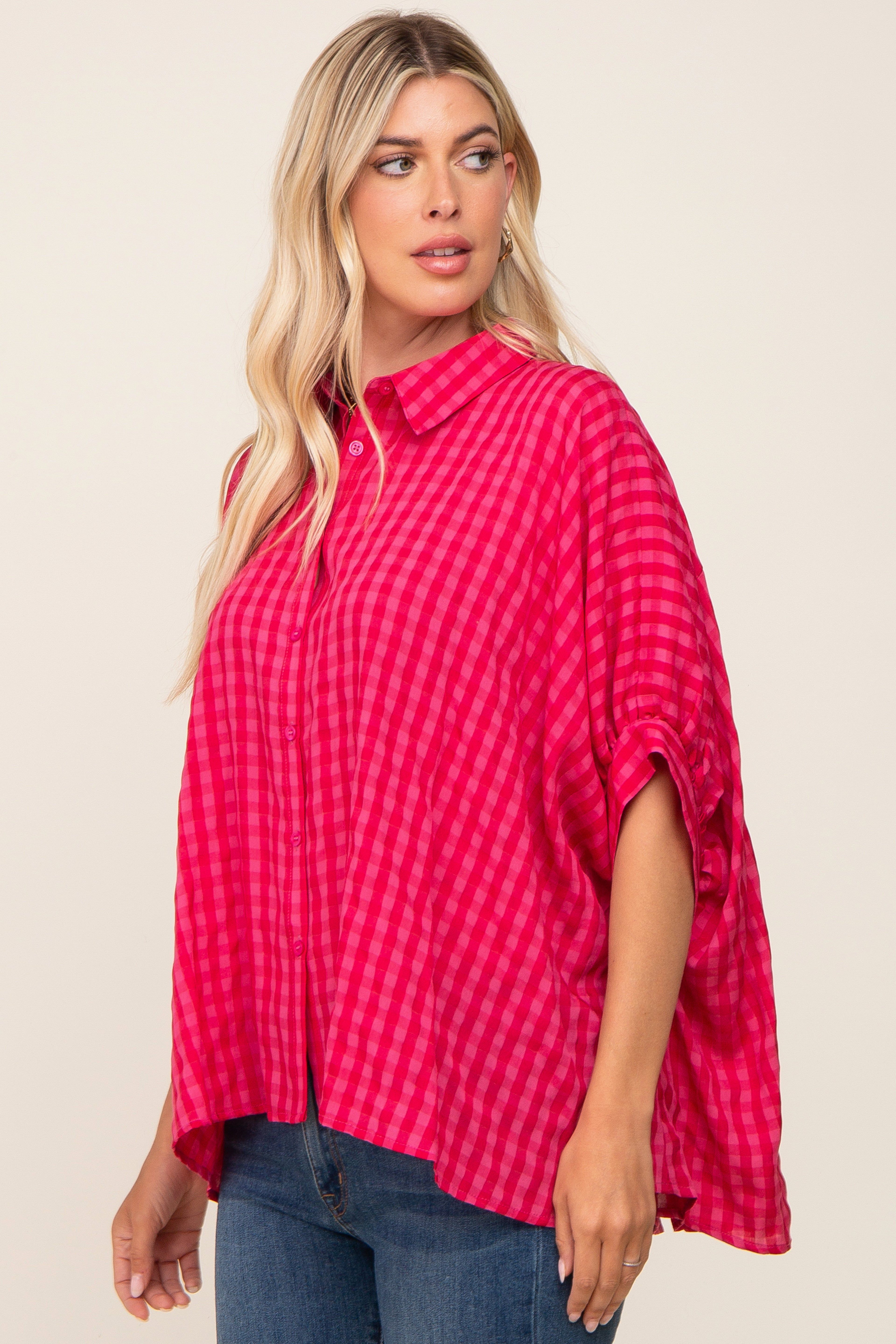Red Gingham Button Up Collared Boxy Top sold by Pinkblush product image thumbnail 2