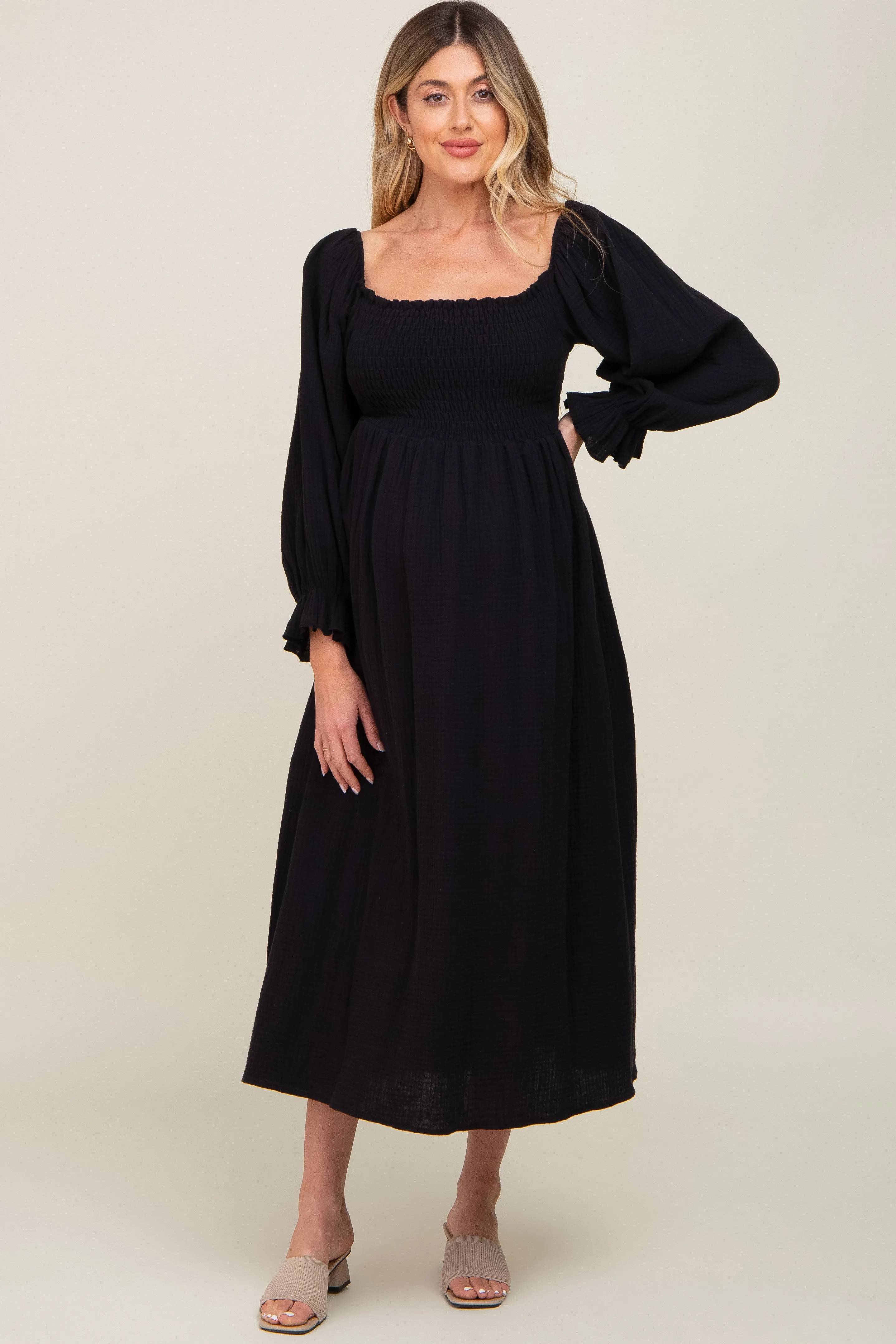 Black Gauze Smocked Maternity Midi Dress sold by Pinkblush product image thumbnail 4