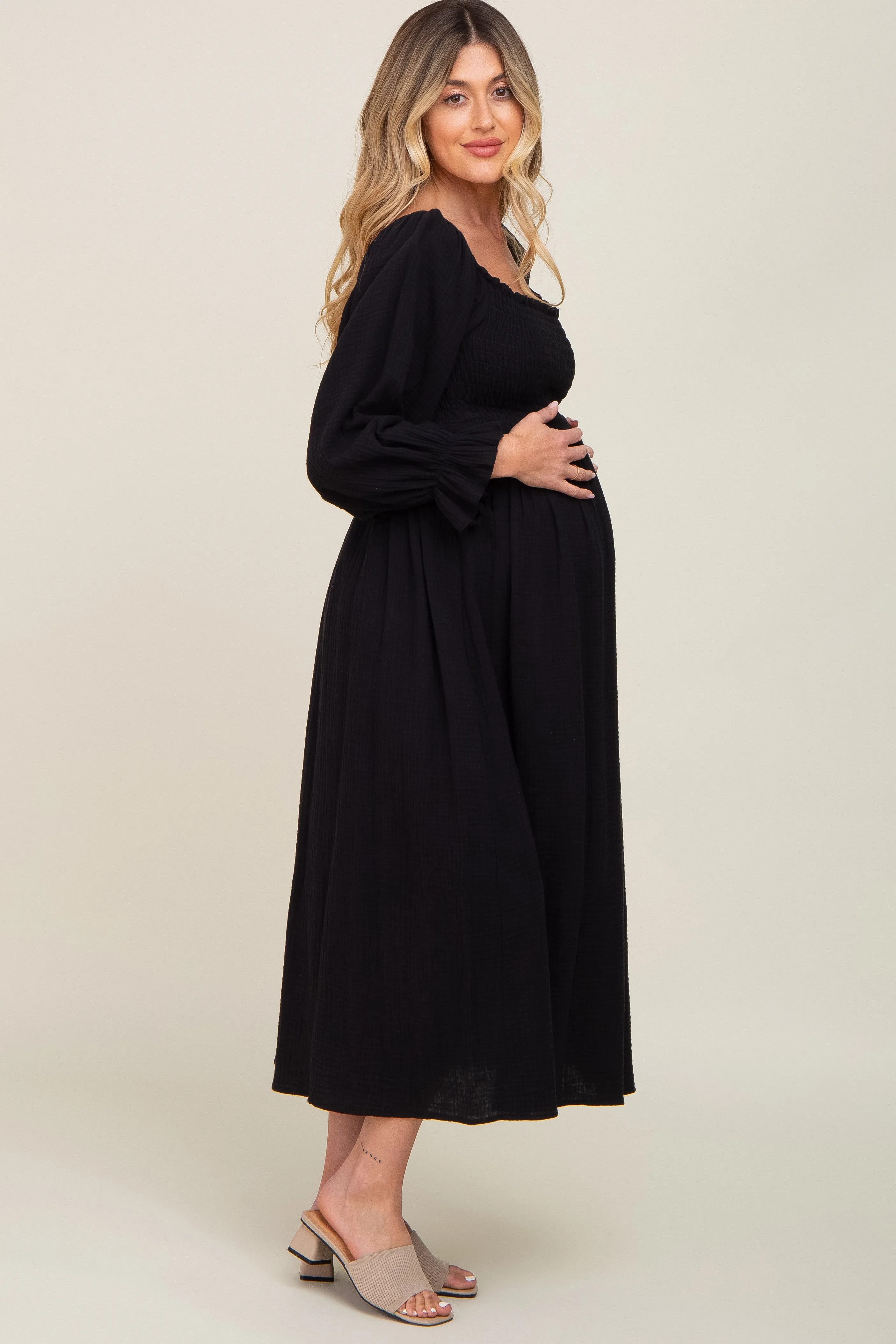 Black Gauze Smocked Maternity Midi Dress sold by Pinkblush product image thumbnail 2