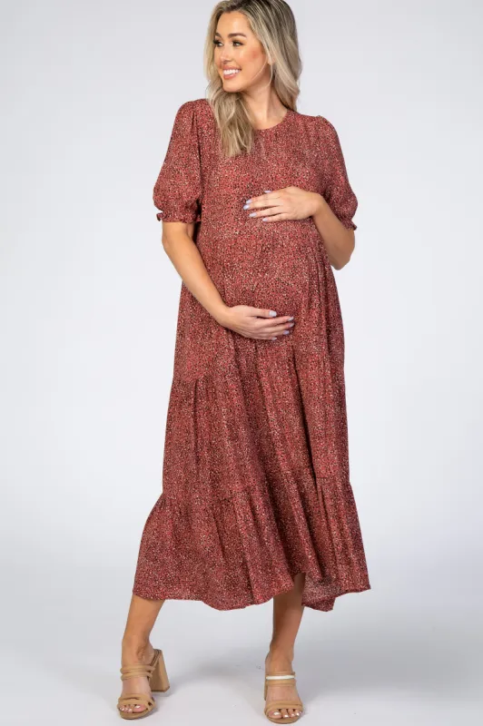 Rust Printed Tiered Maternity Midi Dress sold by Pinkblush