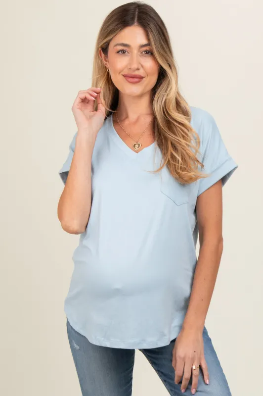 Light Blue V-Neck Pocket Short Sleeve Maternity Shirt sold by Pinkblush
