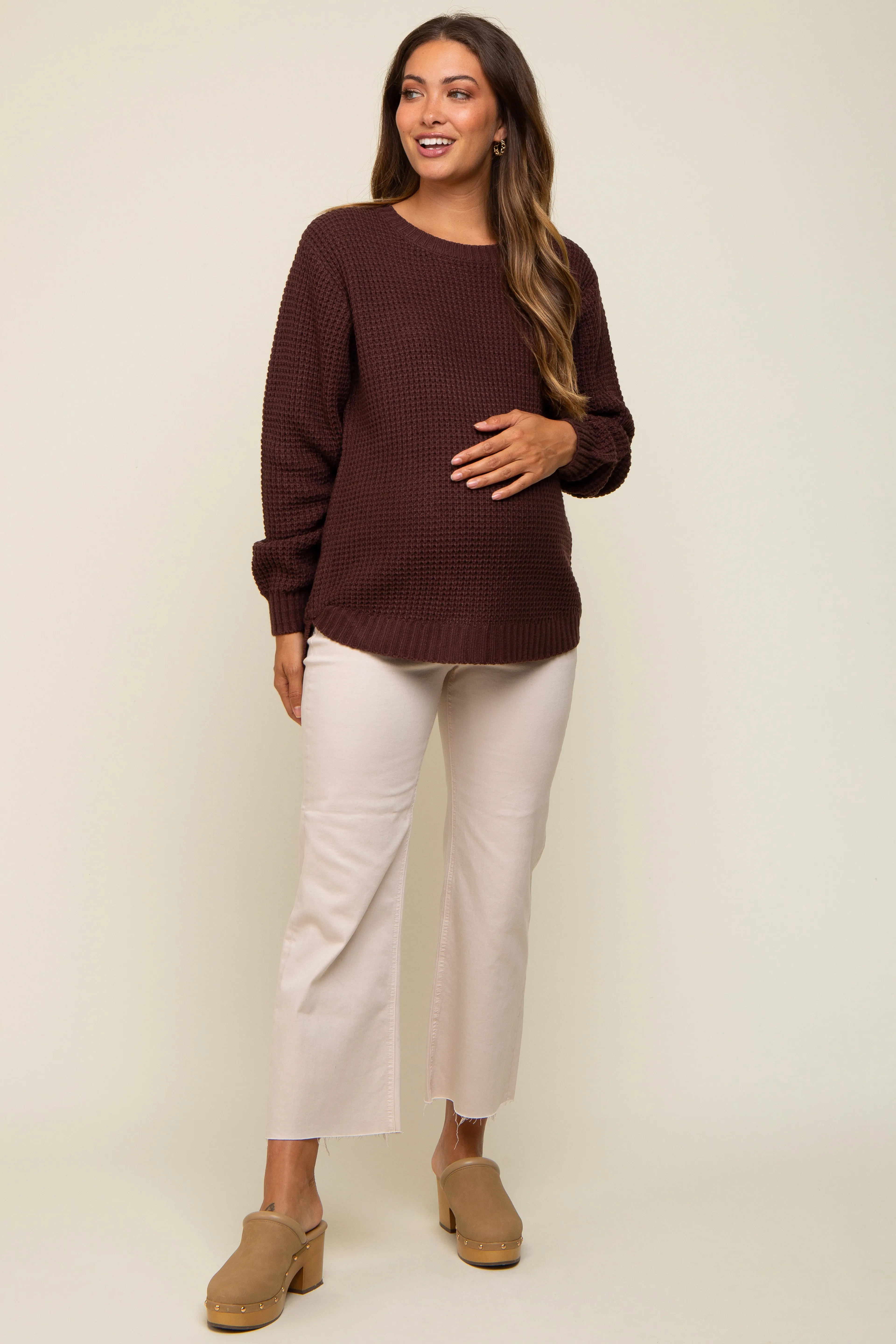Brown Waffle Knit Round Hem Maternity Sweater sold by Pinkblush
