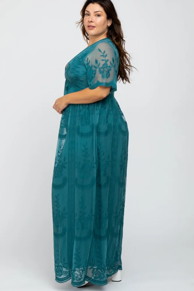 Teal Lace Mesh Overlay Plus Maxi Dress sold by Pinkblush product image thumbnail 2