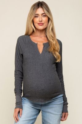 Charcoal Long Sleeve V-Neck Maternity Top sold by Pinkblush