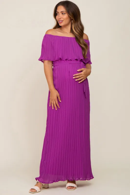 Purple Pleated Off Shoulder Maternity Maxi Dress sold by Pinkblush