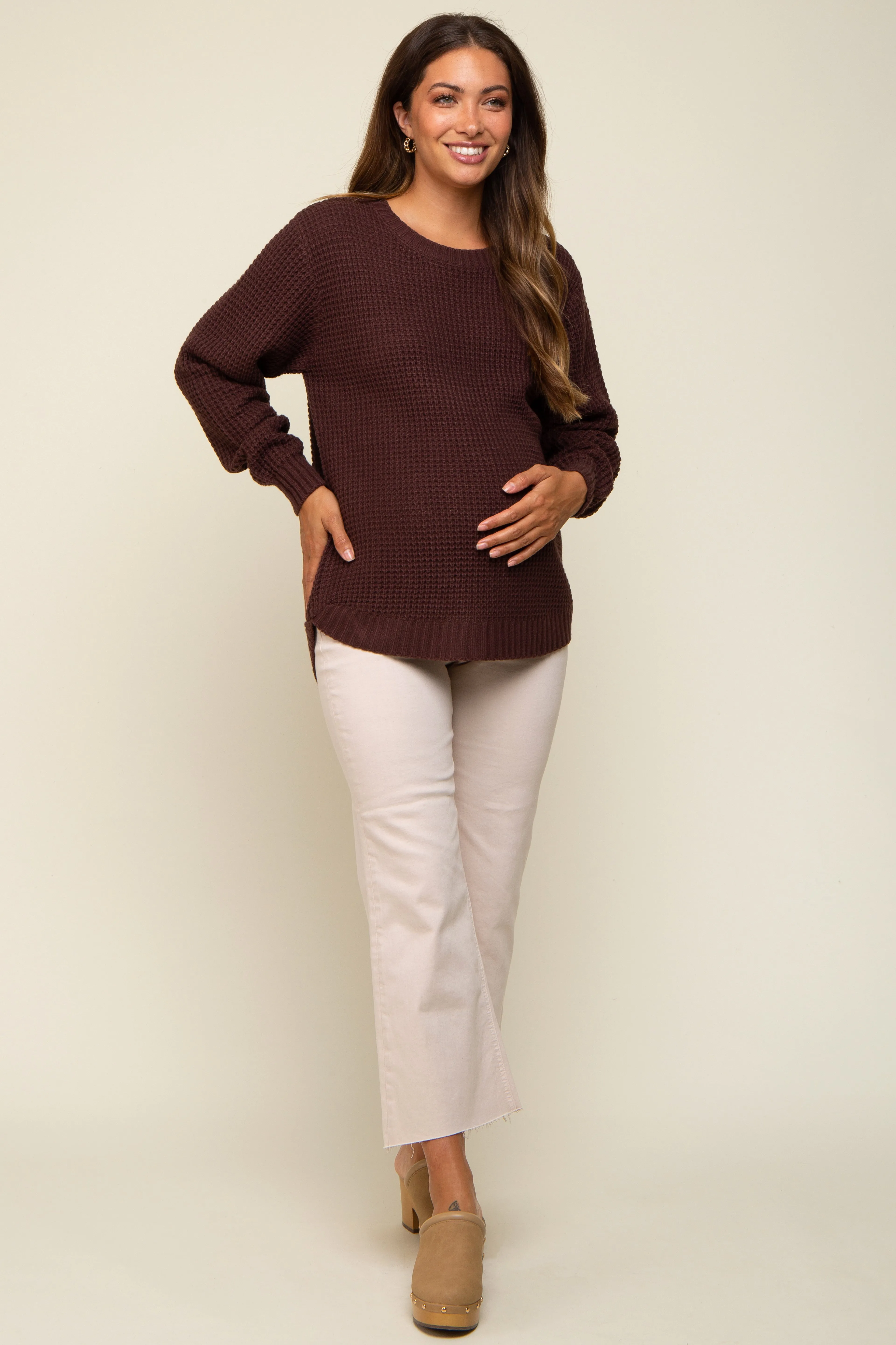 Brown Waffle Knit Round Hem Maternity Sweater sold by Pinkblush product image thumbnail 5