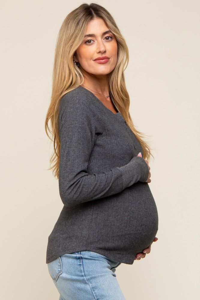 Charcoal Long Sleeve V-Neck Maternity Top sold by Pinkblush product image thumbnail 2
