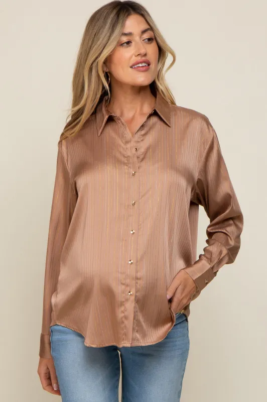 Camel Metallic Stripe Satin Maternity Long Sleeve Blouse sold by Pinkblush