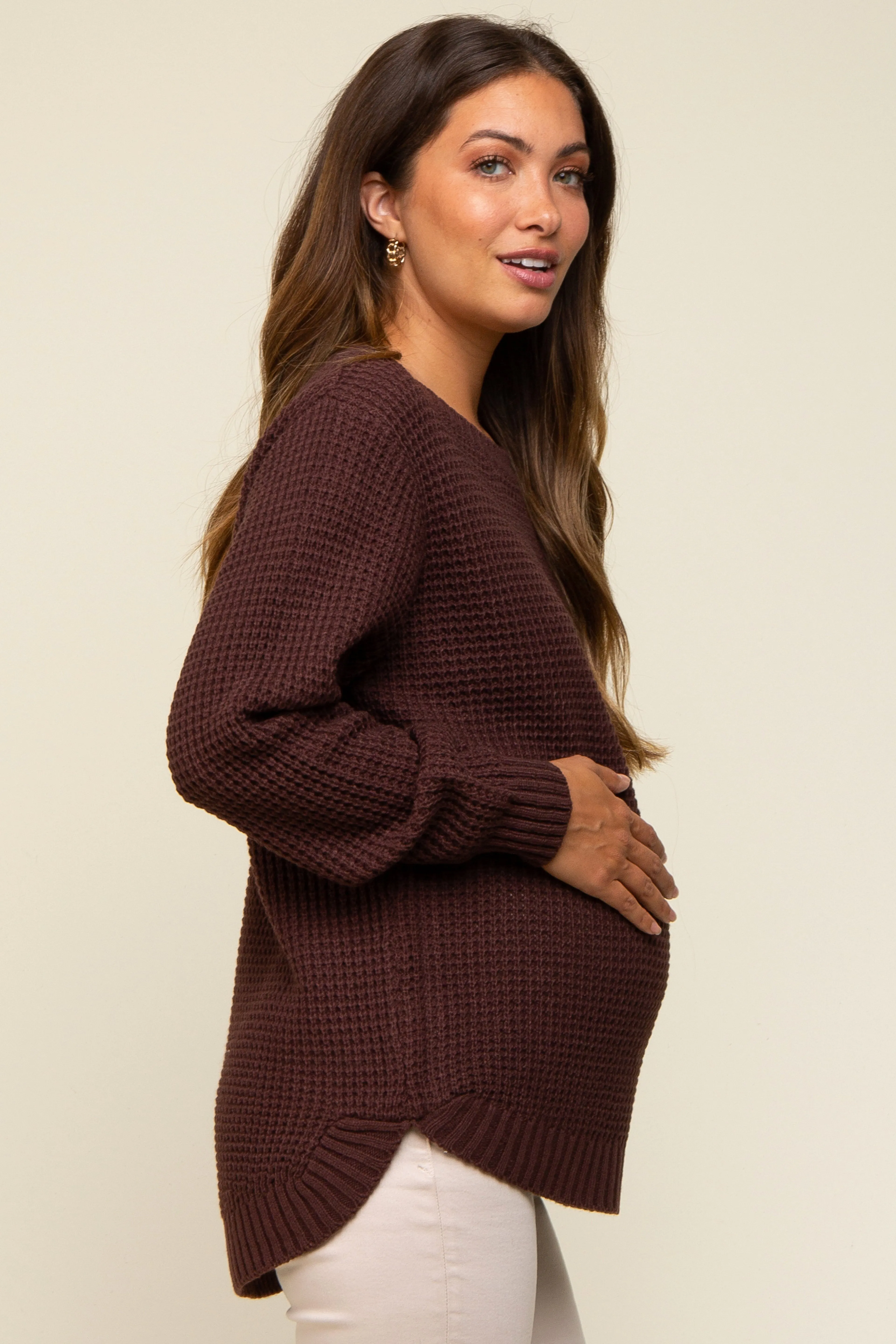Brown Waffle Knit Round Hem Maternity Sweater sold by Pinkblush product image thumbnail 3