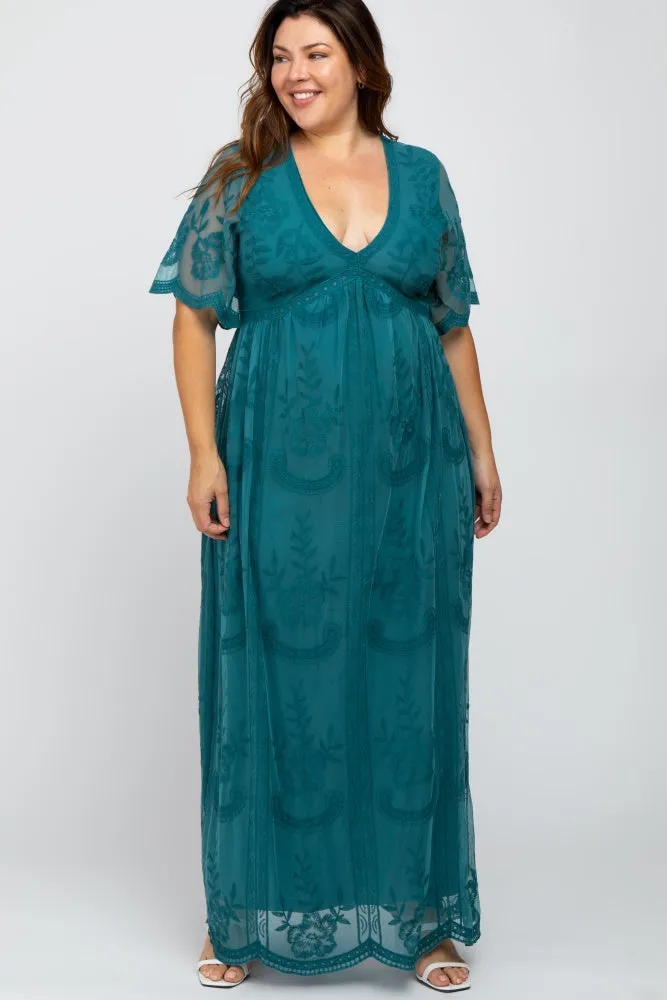 Teal Lace Mesh Overlay Plus Maxi Dress sold by Pinkblush