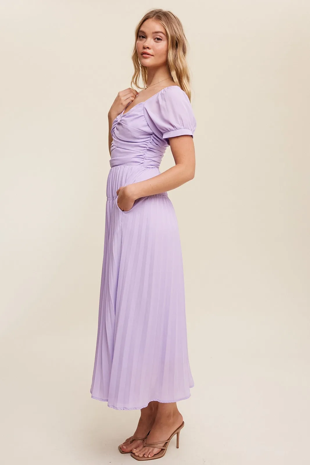 Lavender Chiffon Ruched Pleated Maxi Dress sold by Pinkblush product image thumbnail 2