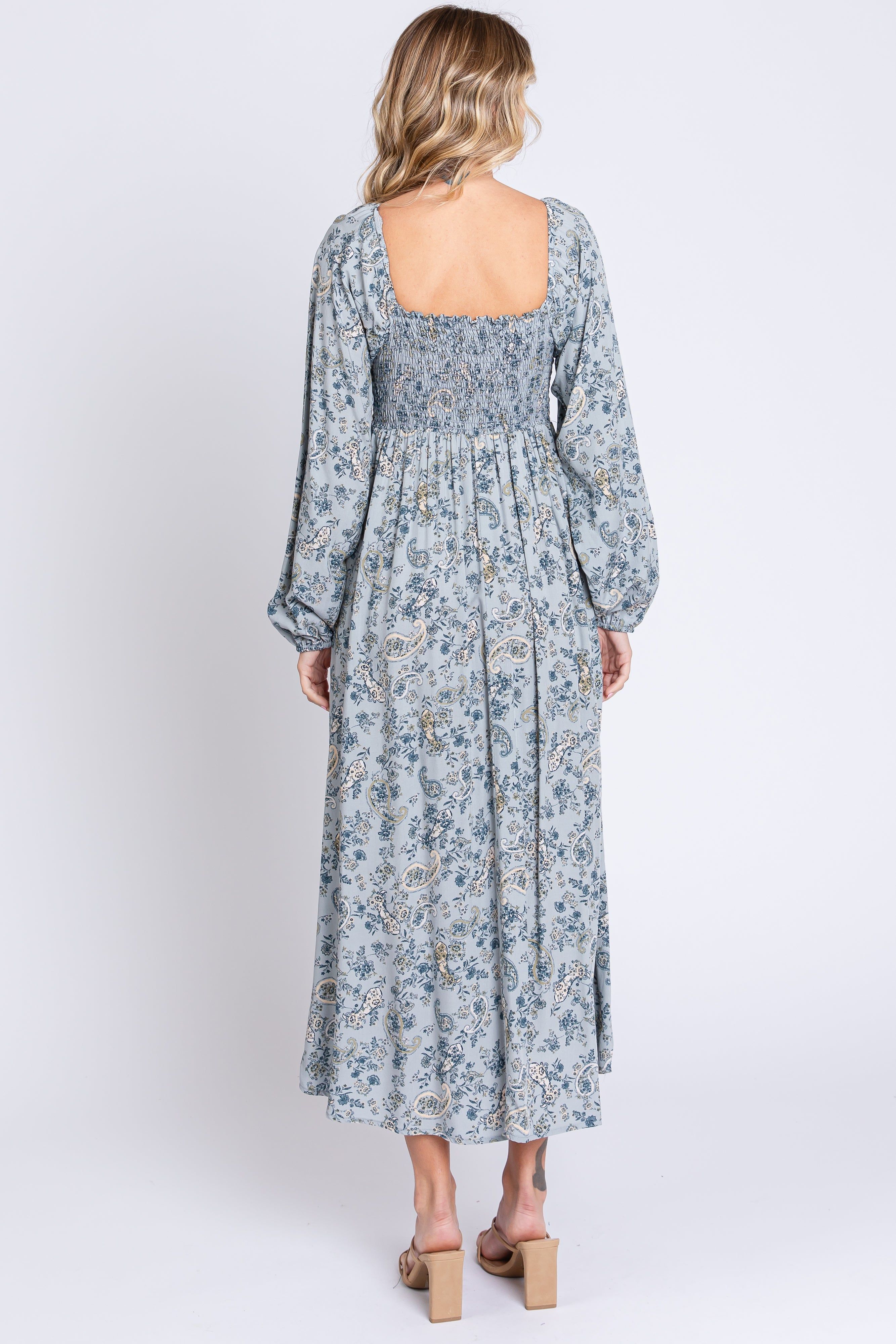 Light Blue Floral Paisley Long Sleeve Midi Dress sold by Pinkblush product image thumbnail 3