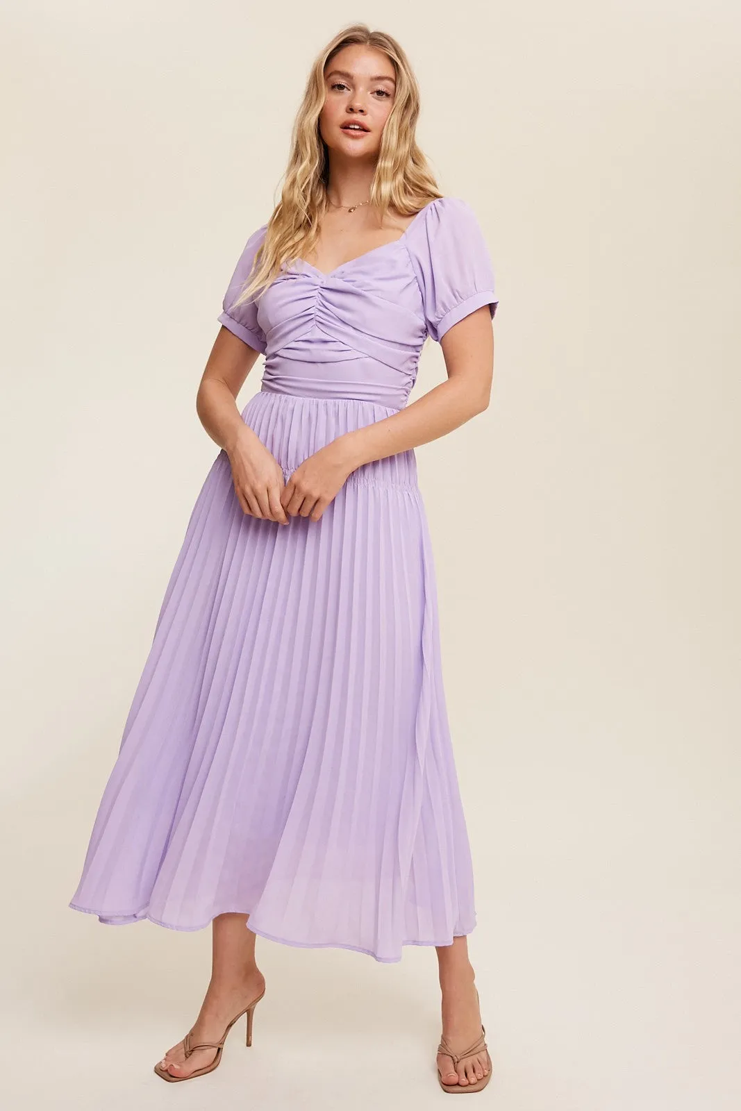 Lavender Chiffon Ruched Pleated Maxi Dress sold by Pinkblush