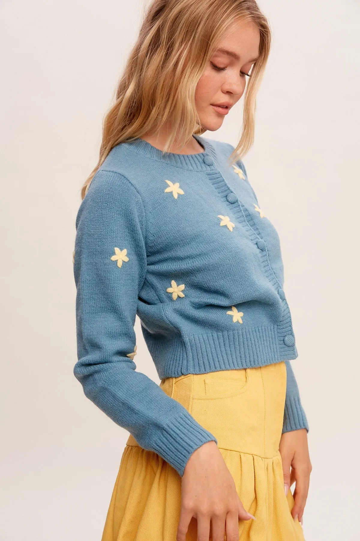 Blue Floral Embroidered Sweater Weaved Crop Cardigan sold by Pinkblush product image thumbnail 2