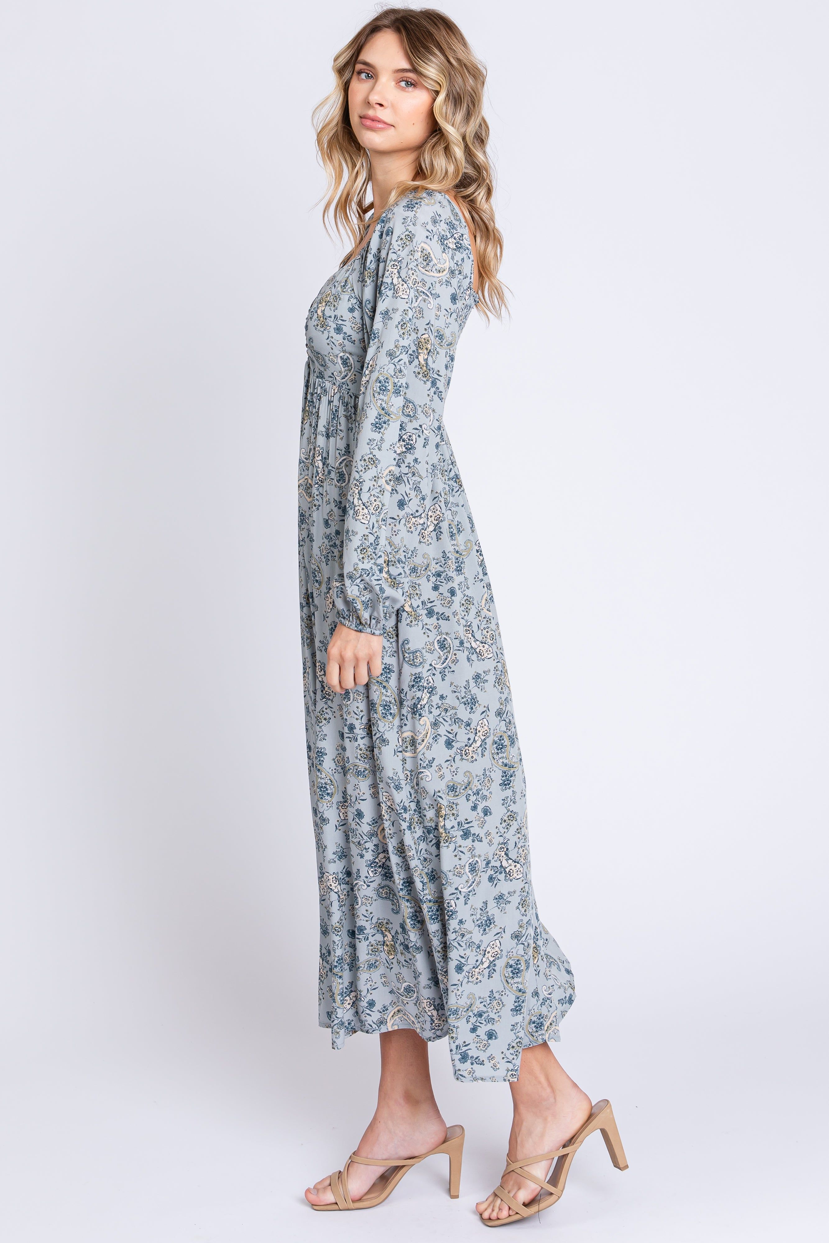 Light Blue Floral Paisley Long Sleeve Midi Dress sold by Pinkblush product image thumbnail 2