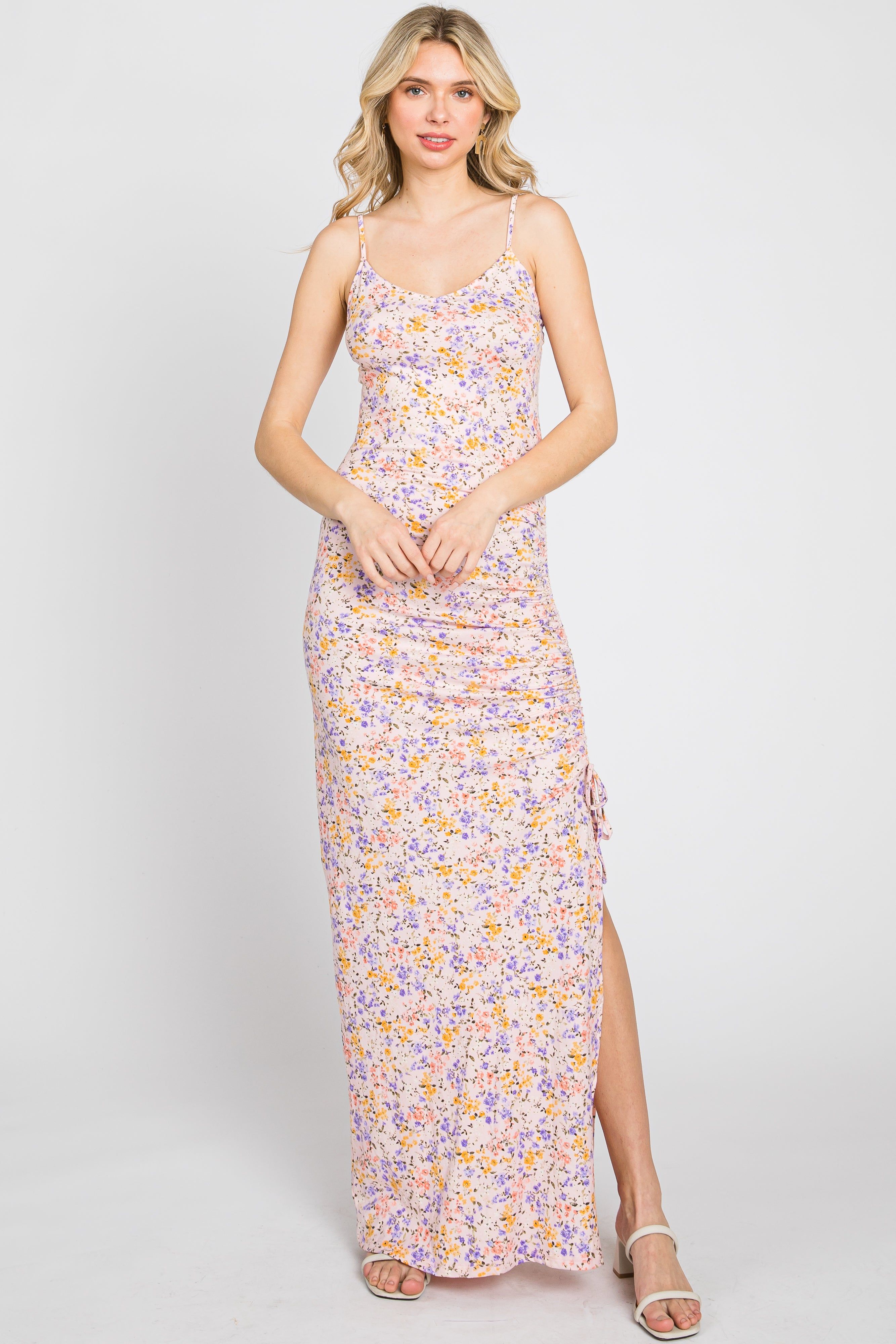 Pink Floral Side Slit Ruched Maxi Dress sold by Pinkblush