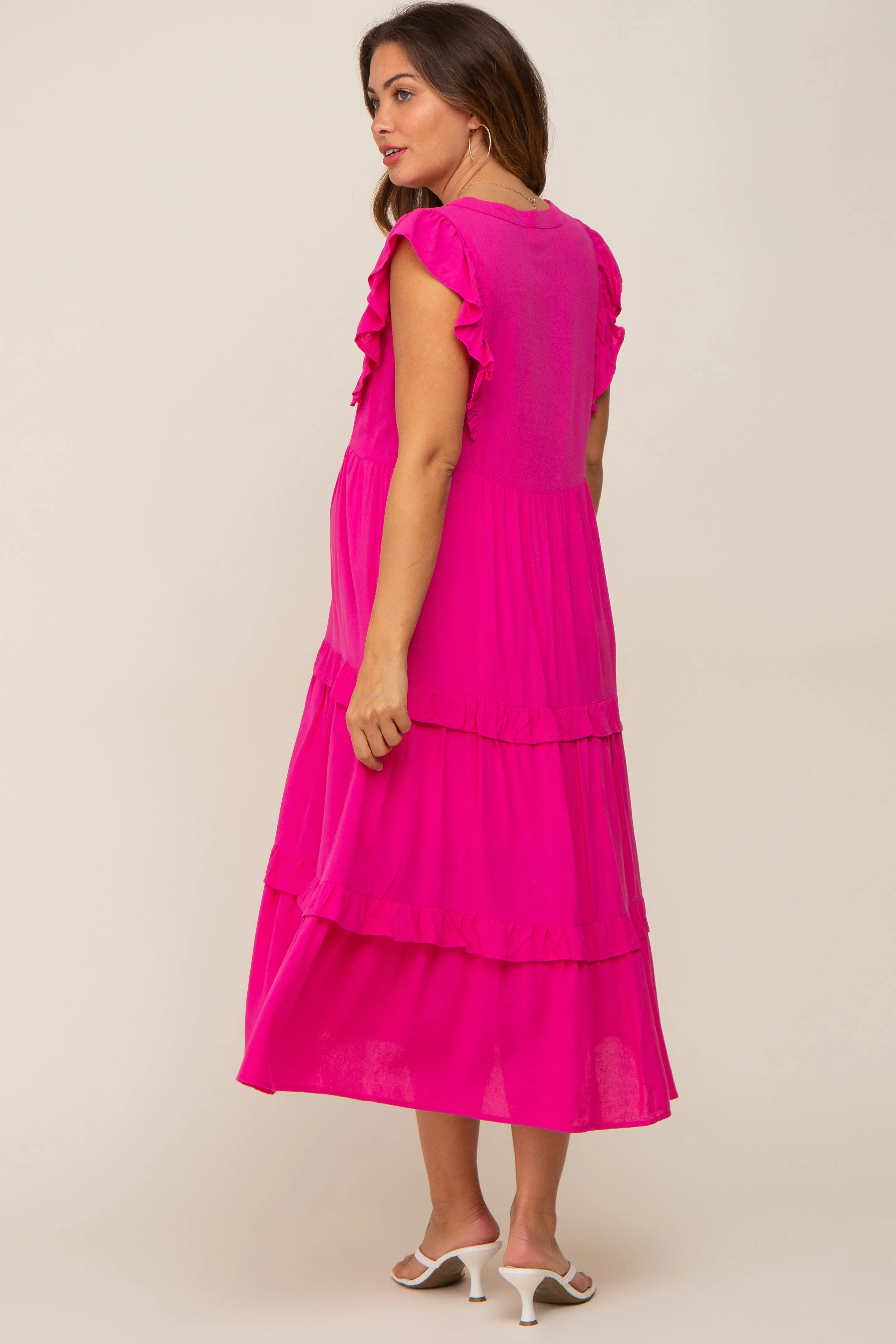 Fuchsia Ruffle Accent Tiered Maternity Midi Dress sold by Pinkblush product image thumbnail 3