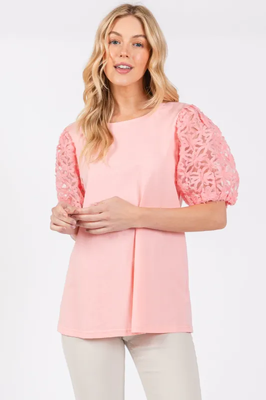 Light Pink Floral Mesh Sleeve Blouse sold by Pinkblush