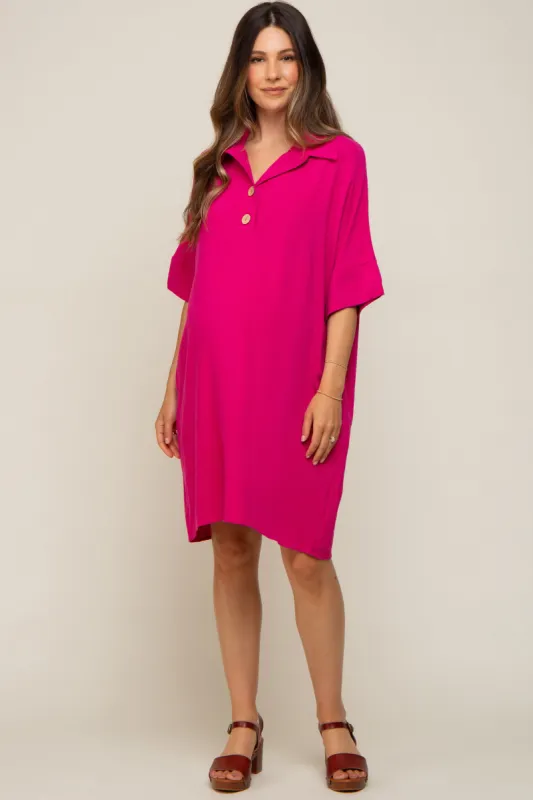 Fuchsia Linen Front Button Collared Maternity Dress sold by Pinkblush