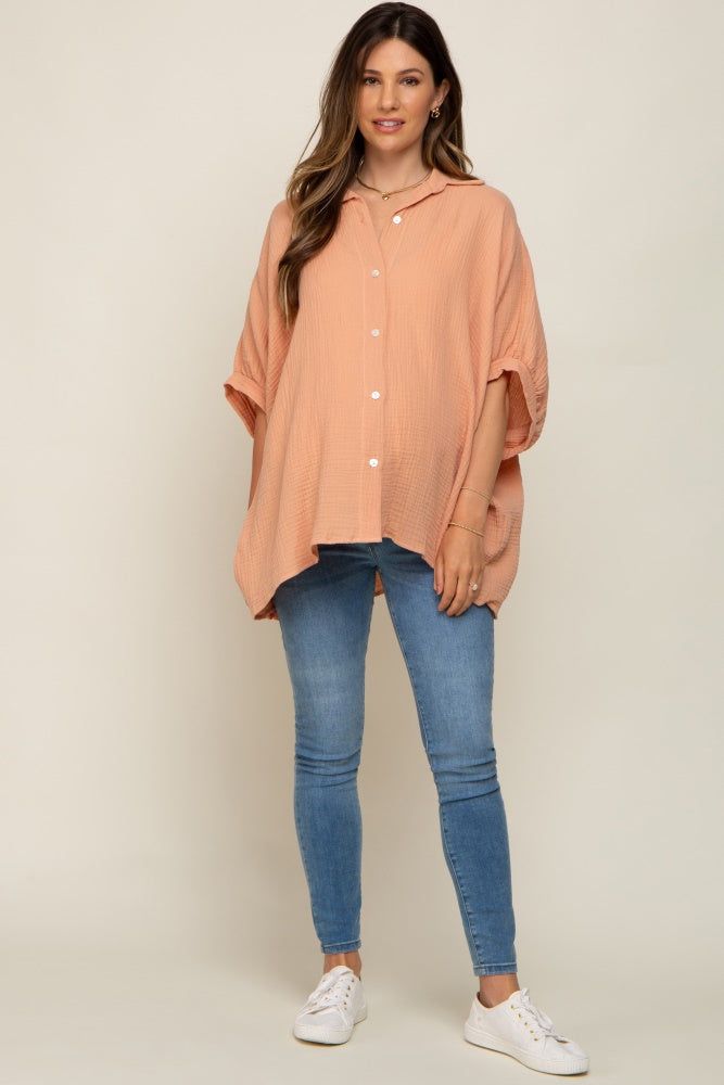 Peach Gauze Double Layered Maternity Button Up Top sold by Pinkblush