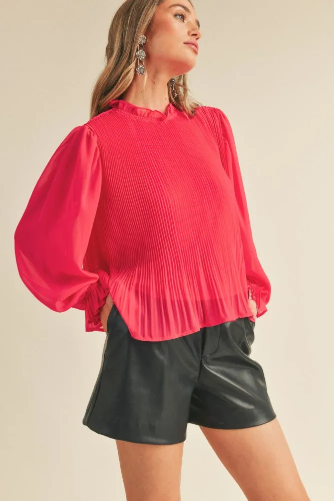 Pink Pleated High Ruffle Neck Top sold by Pinkblush