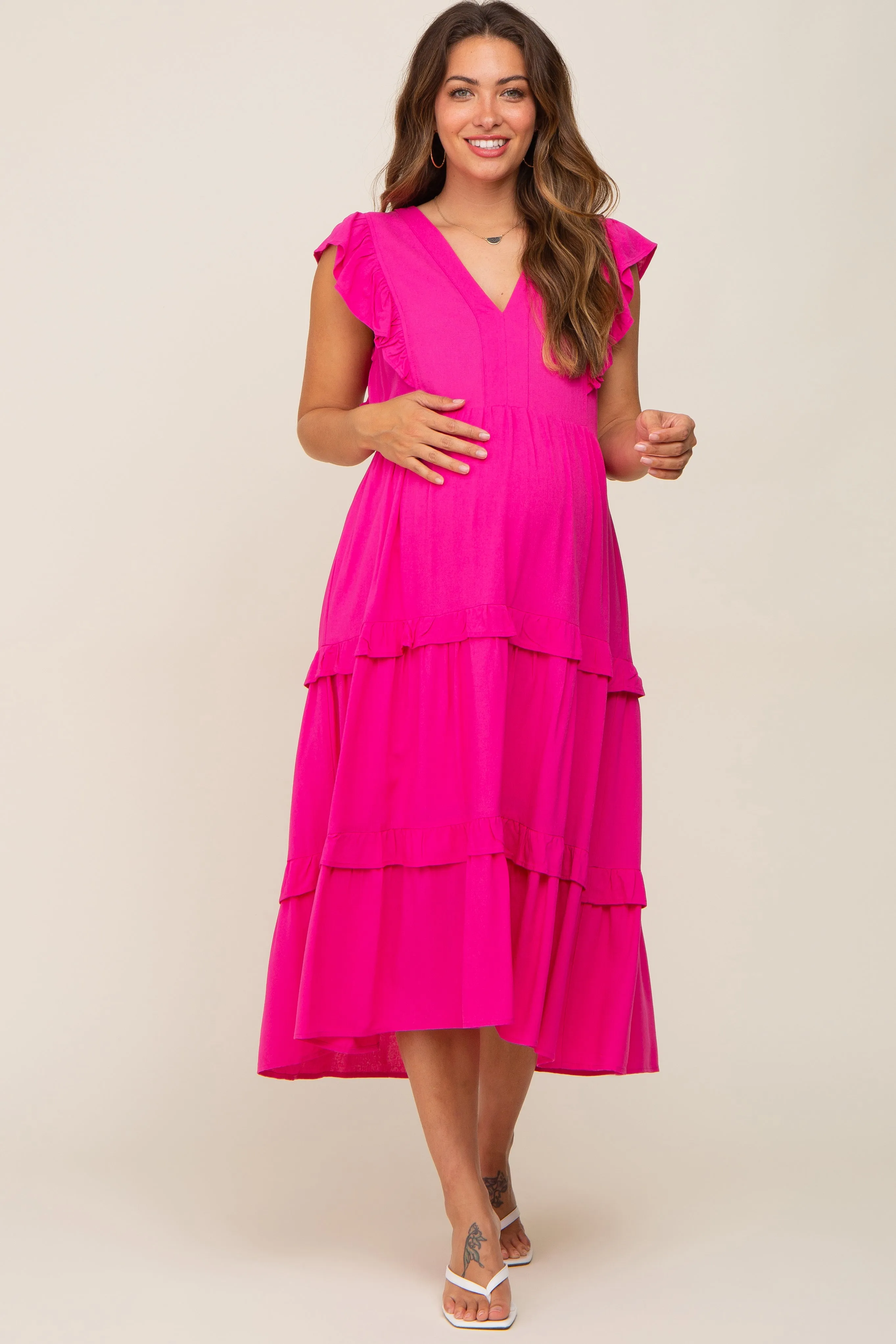 Fuchsia Ruffle Accent Tiered Maternity Midi Dress sold by Pinkblush product image thumbnail 4