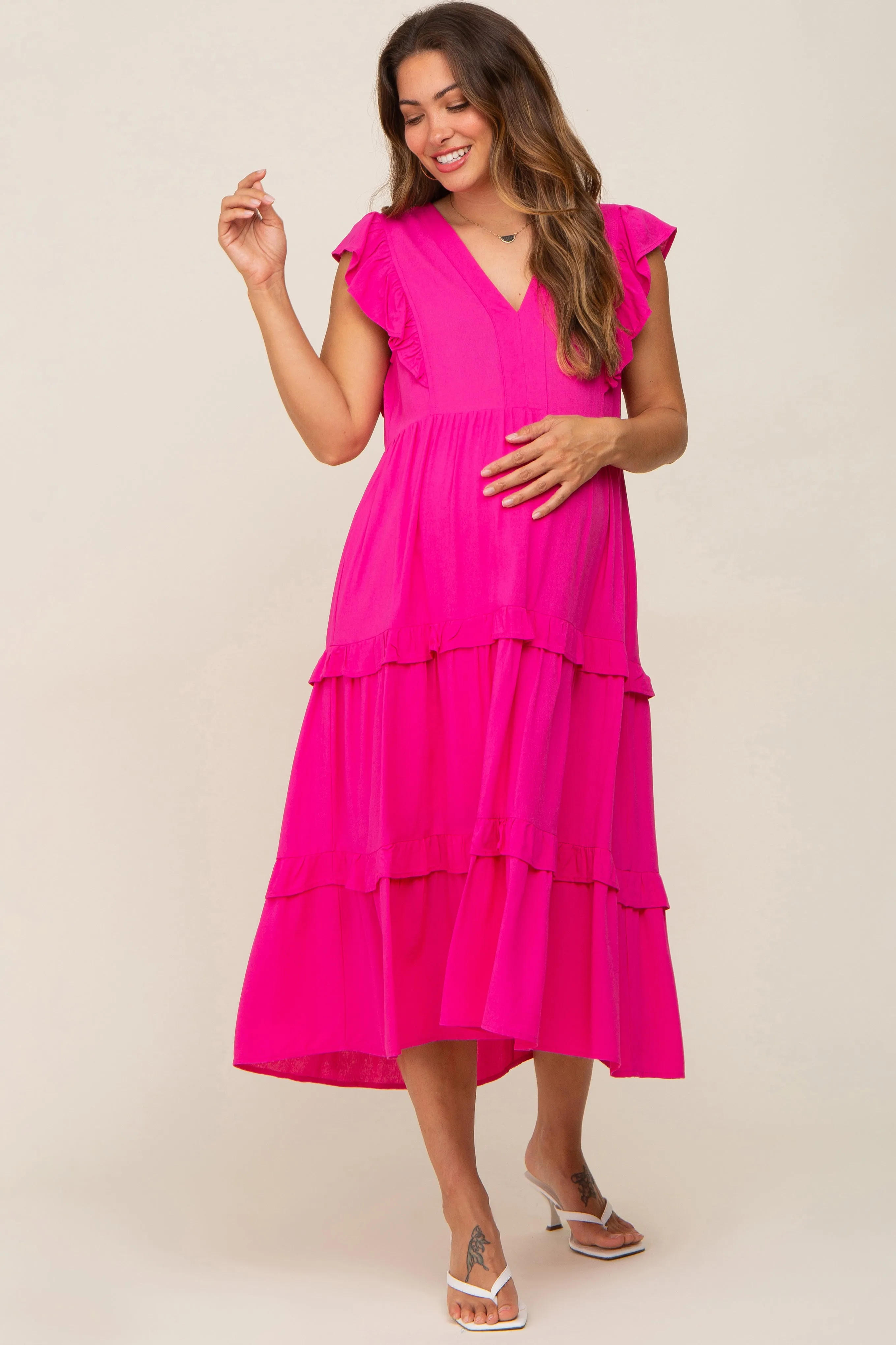 Fuchsia Ruffle Accent Tiered Maternity Midi Dress sold by Pinkblush