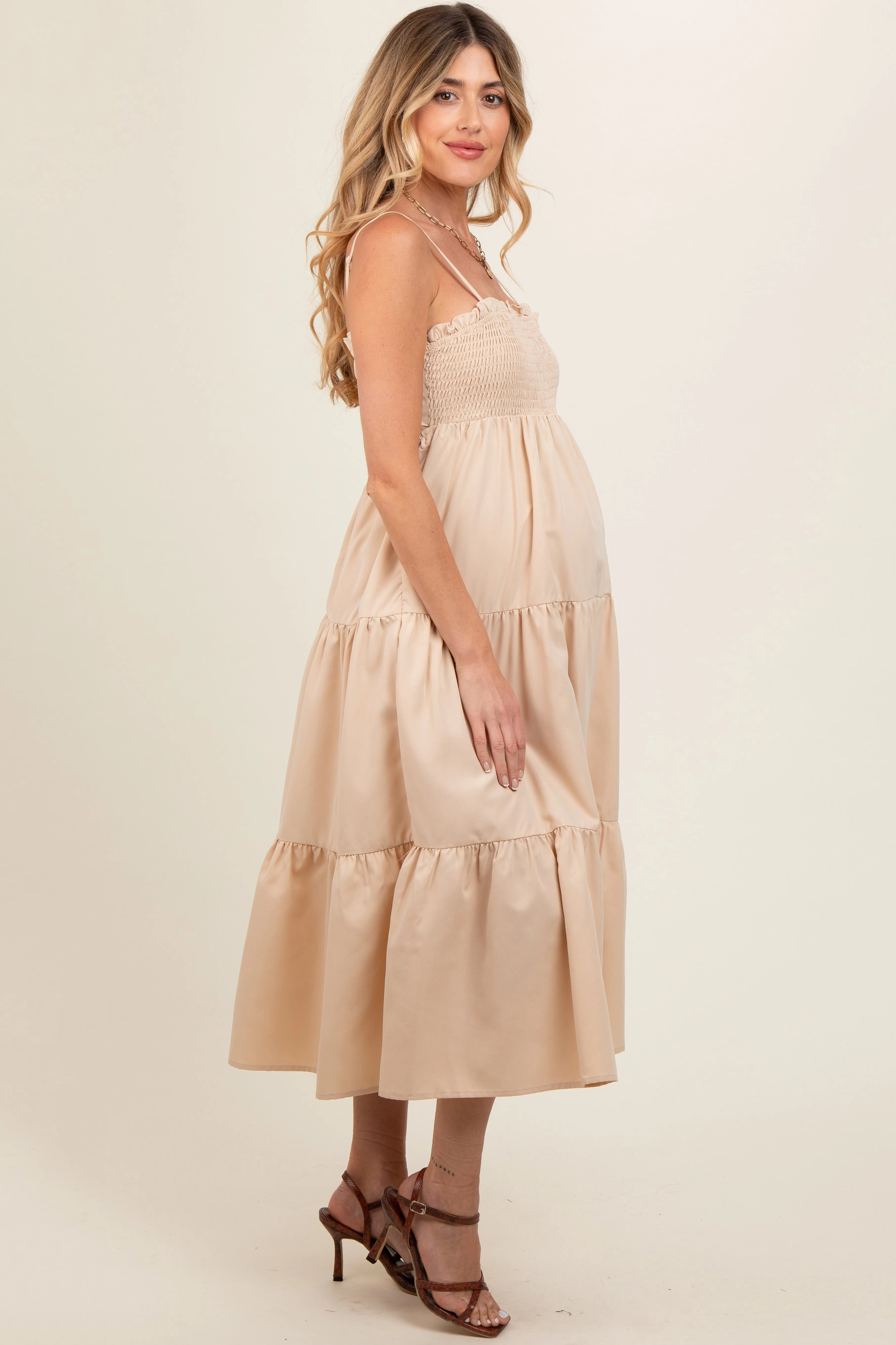 Beige Smocked Cut-Out Back Tiered Maternity Midi Dress sold by Pinkblush product image thumbnail 3