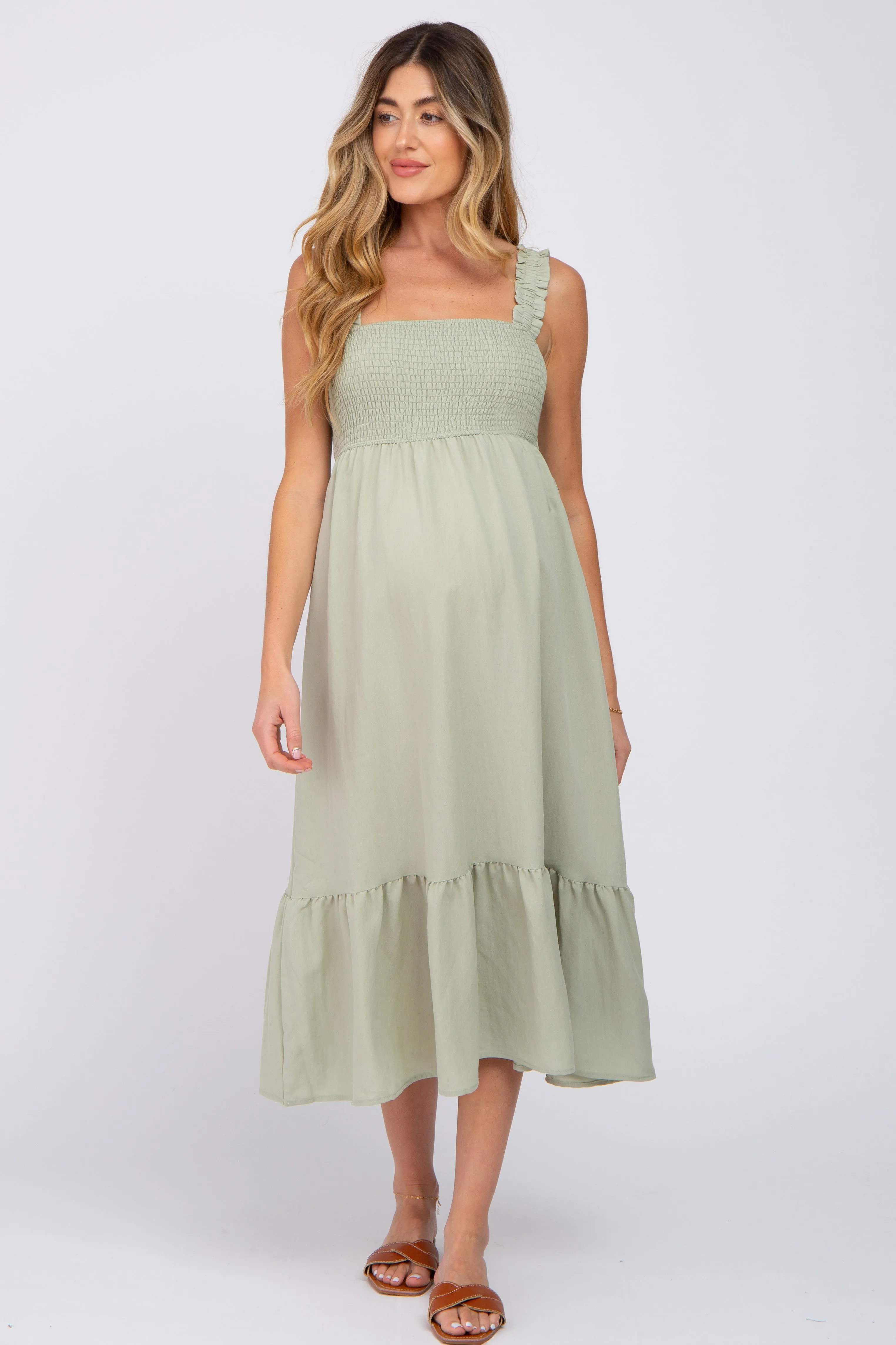 Light Olive Smocked Maternity Midi Dress sold by Pinkblush