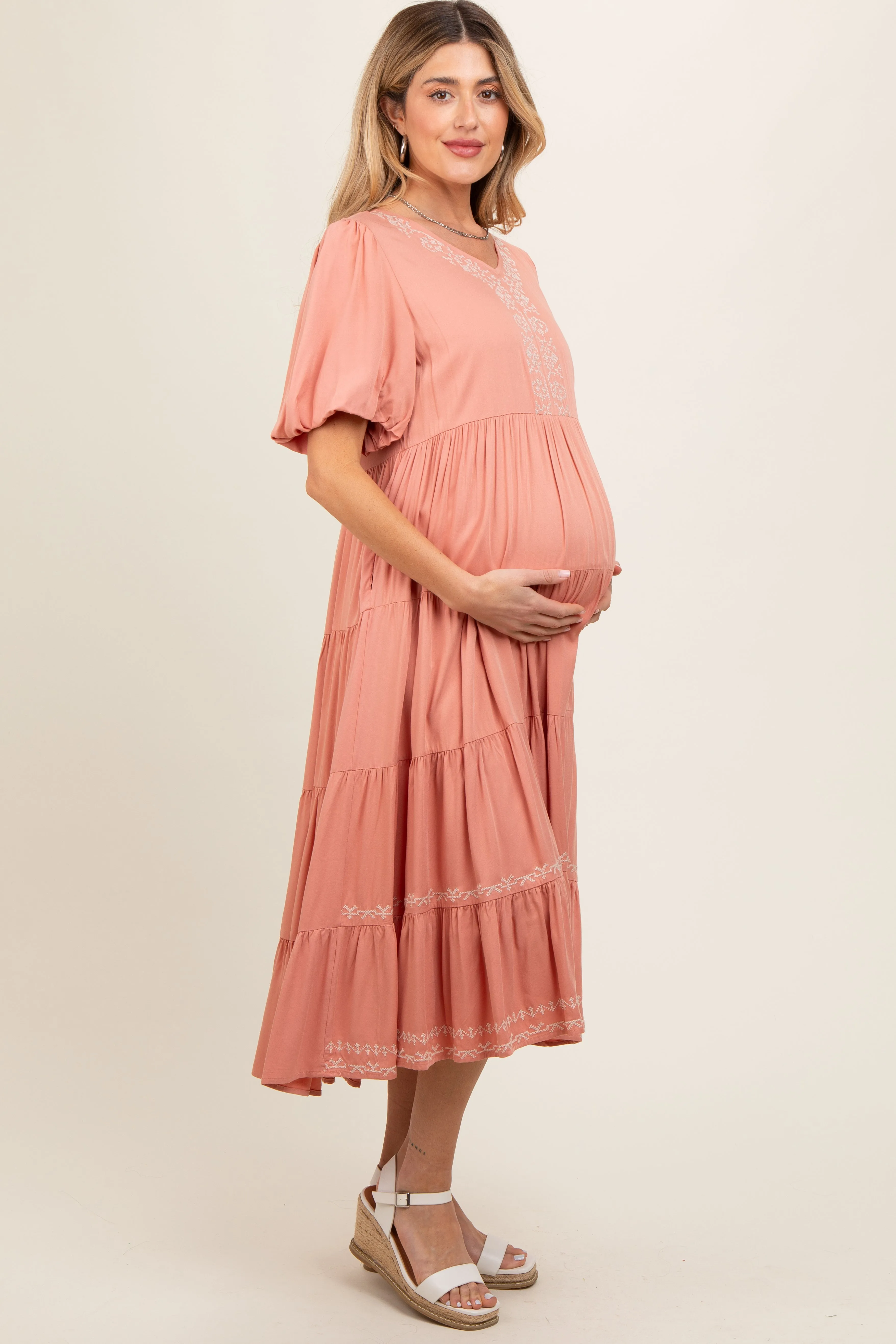 Salmon Short Sleeve Tiered Maternity Dress sold by Pinkblush product image thumbnail 2