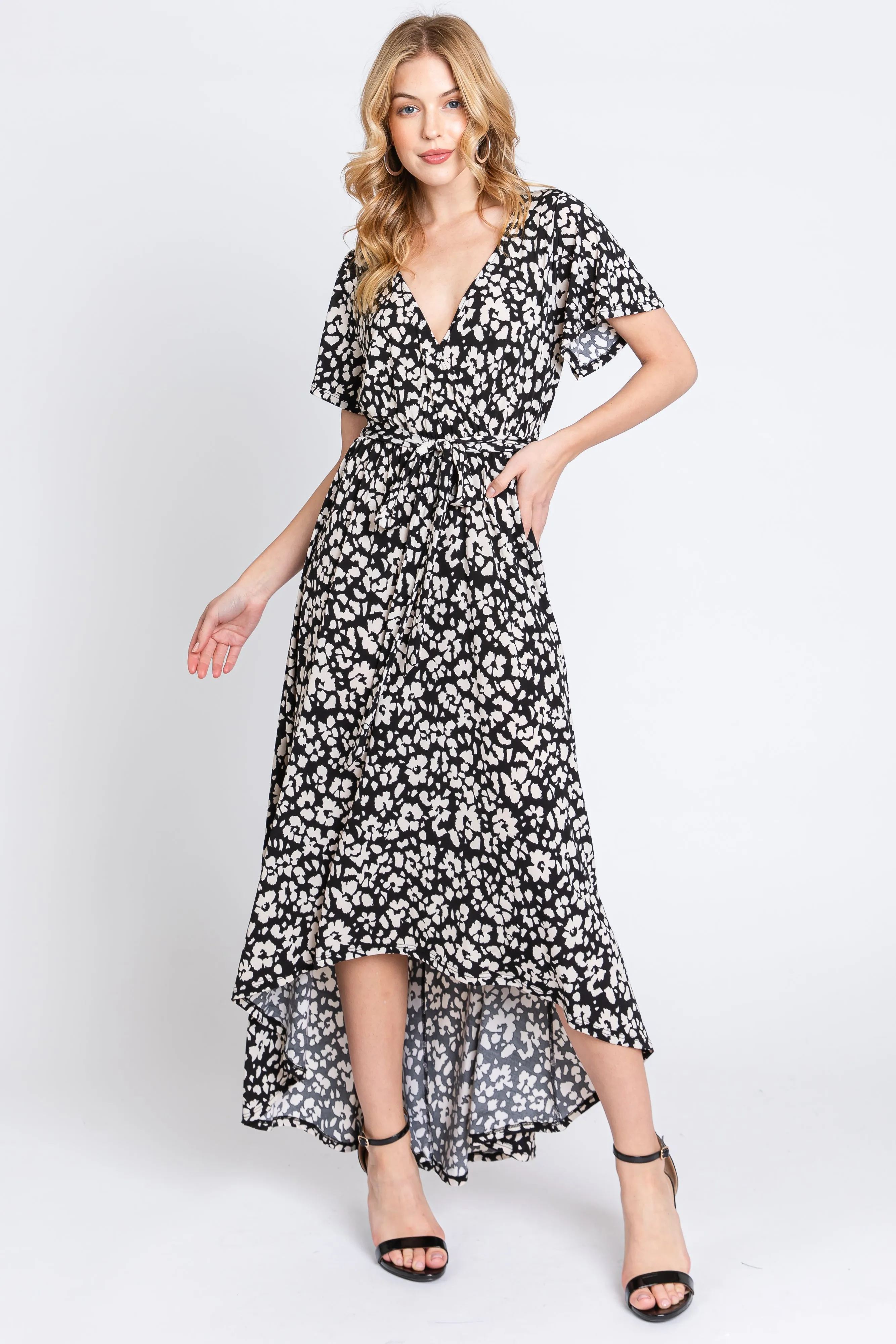 Black Animal Print Wrap Front V-Neck Hi-Low Maternity Midi Dress sold by Pinkblush product image thumbnail 4