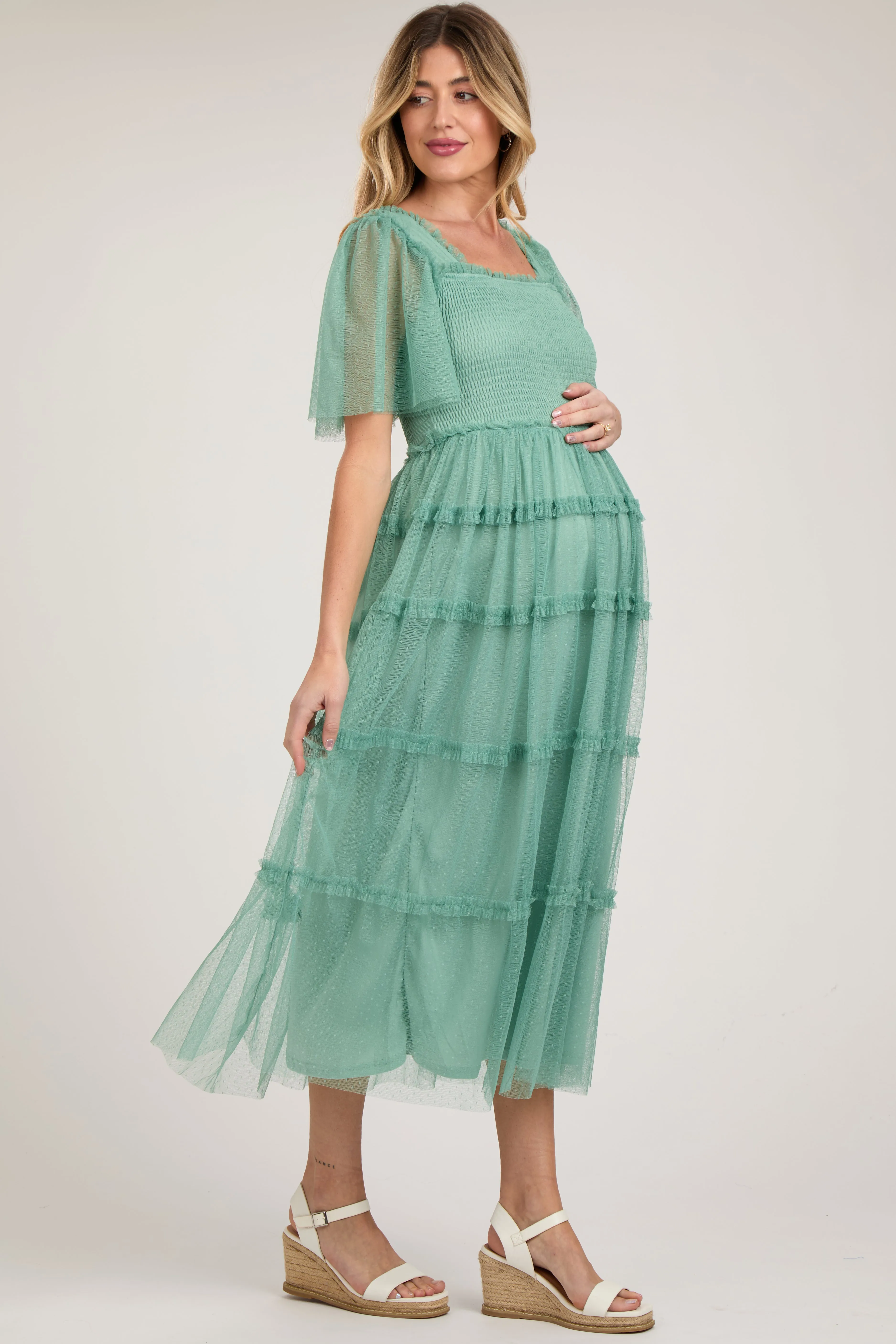 Jade Ruffled Mesh Maternity Maxi Dress sold by Pinkblush product image thumbnail 2