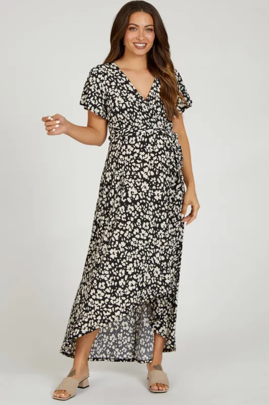Black Animal Print Wrap Front V-Neck Hi-Low Maternity Midi Dress sold by Pinkblush