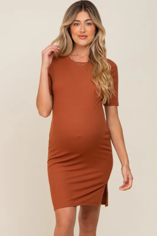 Rust Ribbed Basic Short Sleeve Maternity Dress sold by Pinkblush
