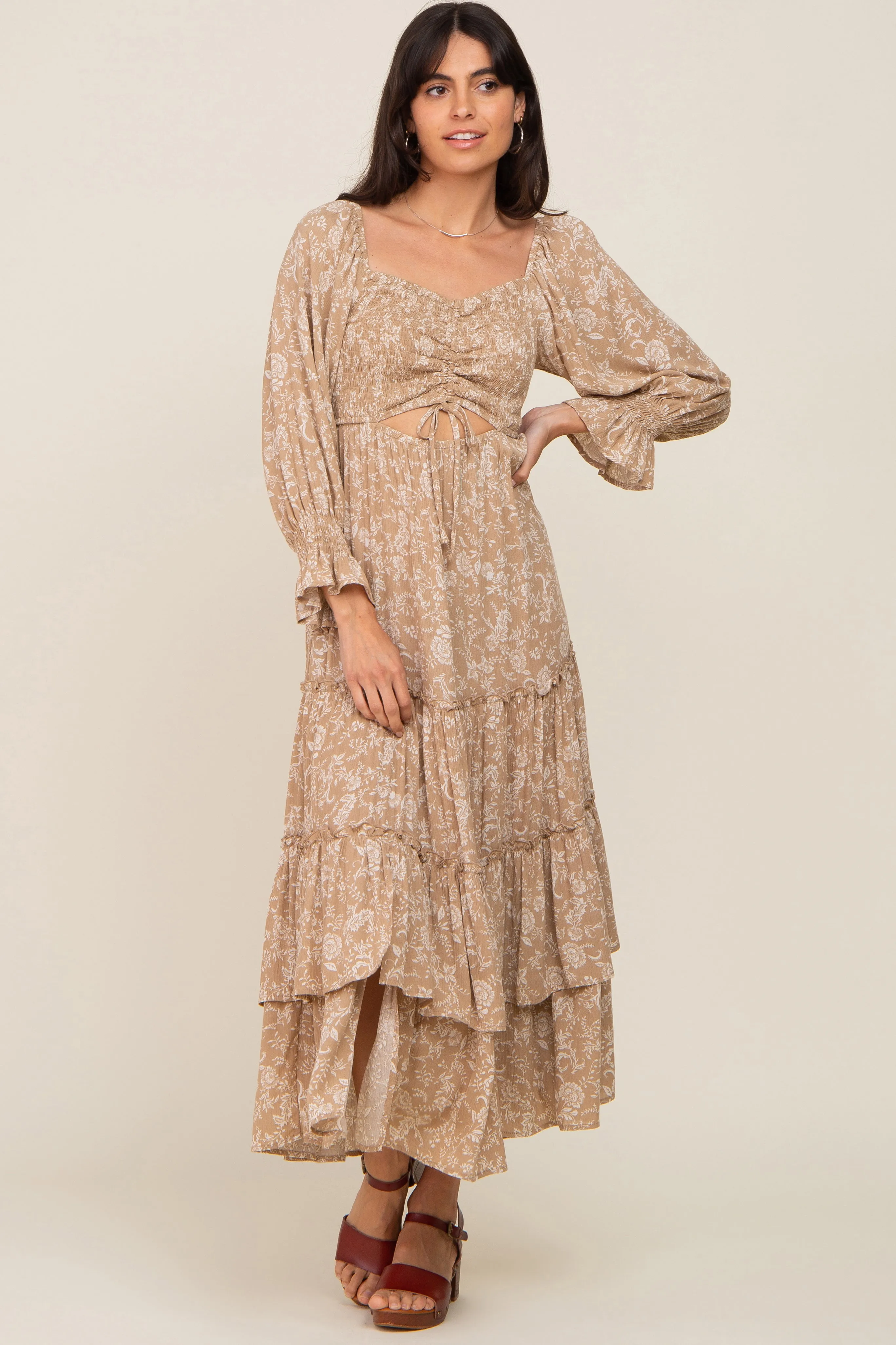 Beige Floral Cutout Smocked Tiered Maternity Maxi Dress sold by Pinkblush product image thumbnail 5